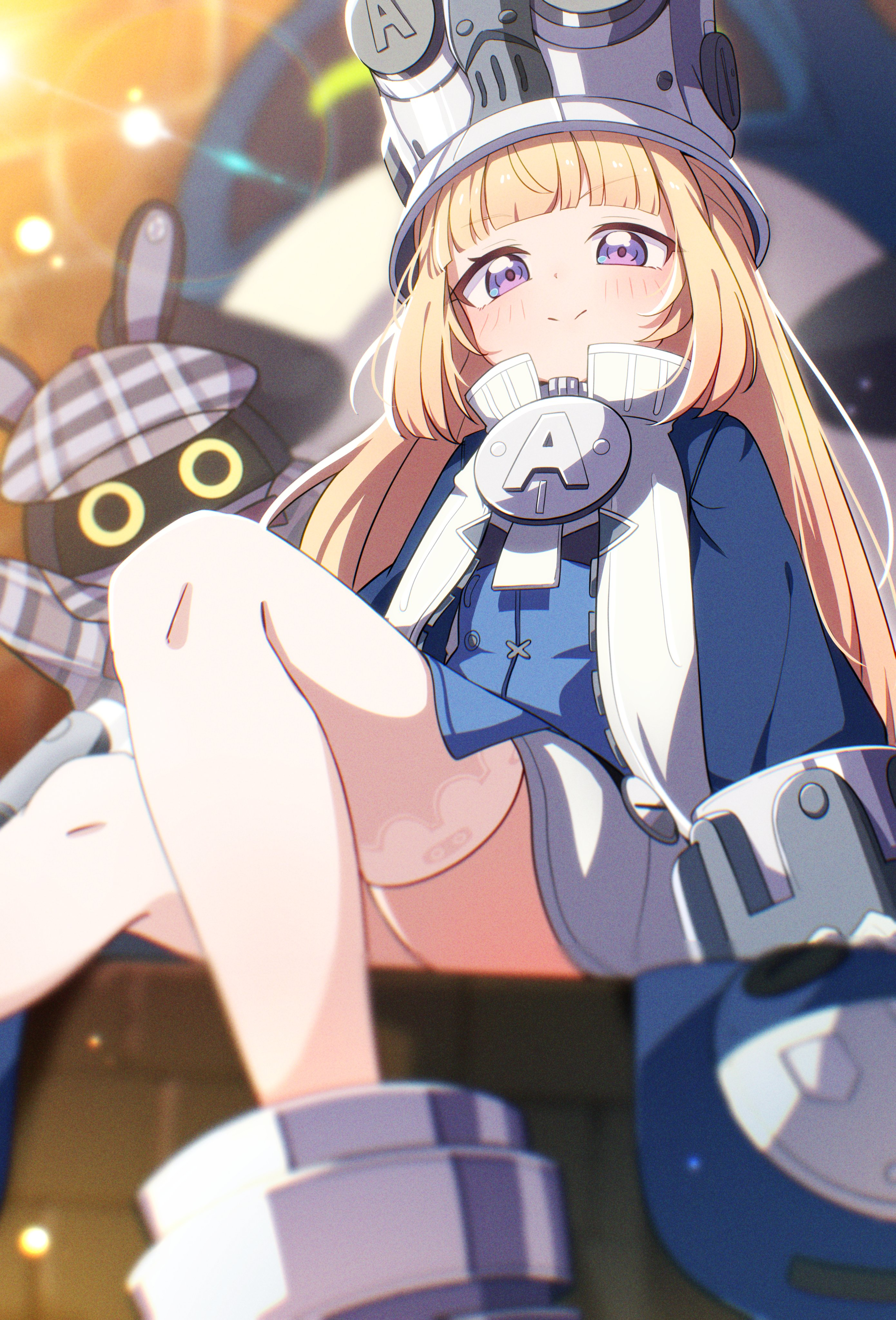 Anime girl with blonde hair and purple eyes, wearing a blue uniform HD Wallpaper
