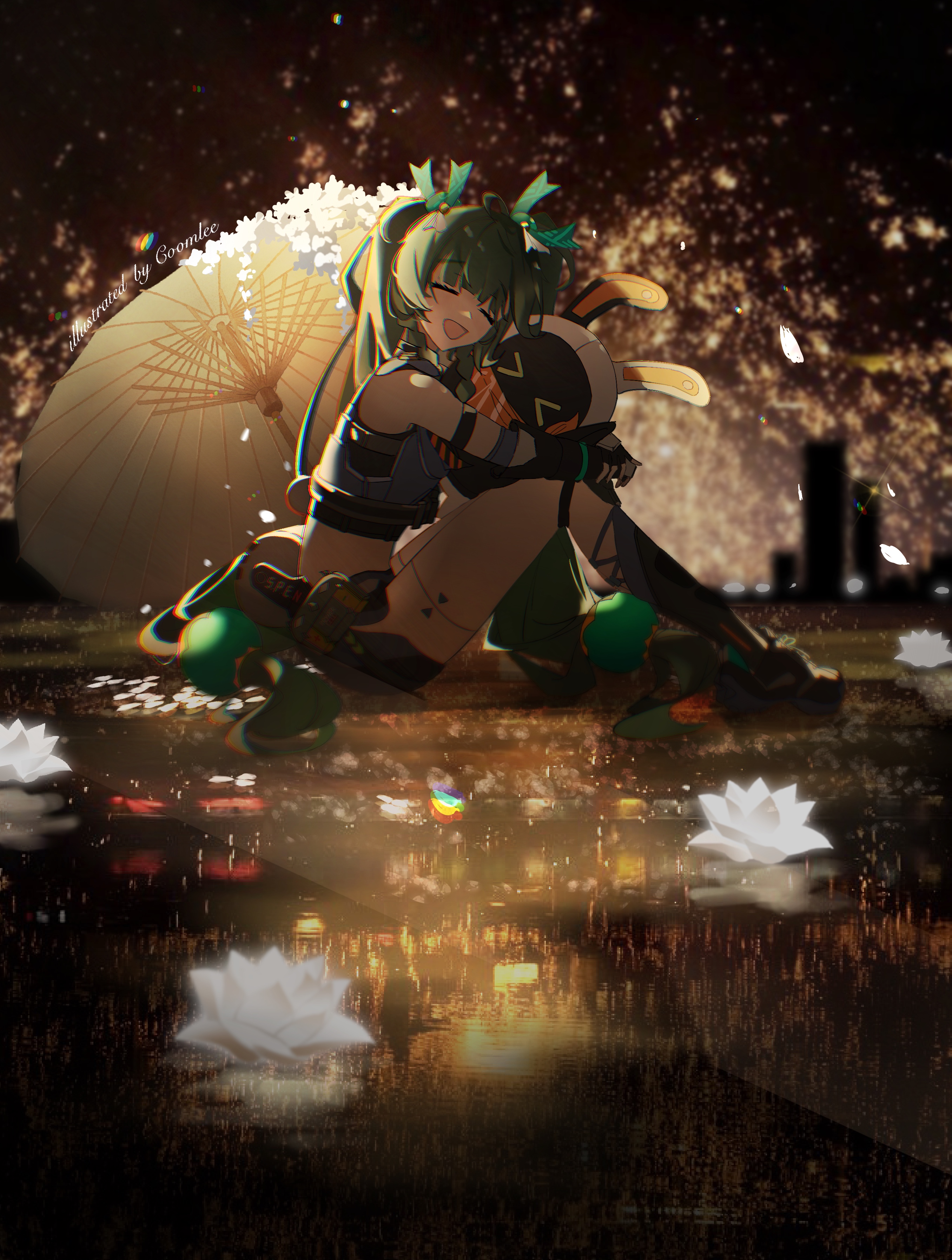Anime girls hugging with fireworks and lotus flowers HD Wallpaper