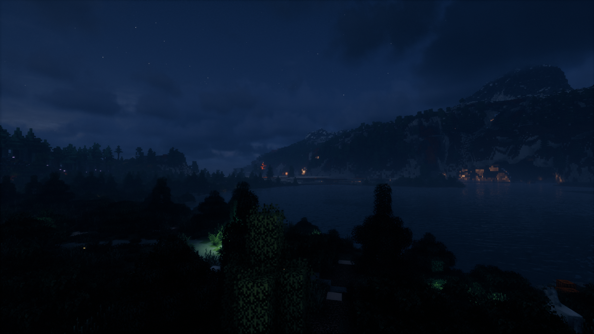 Minecraft night landscape with lake and mountains HD Wallpaper