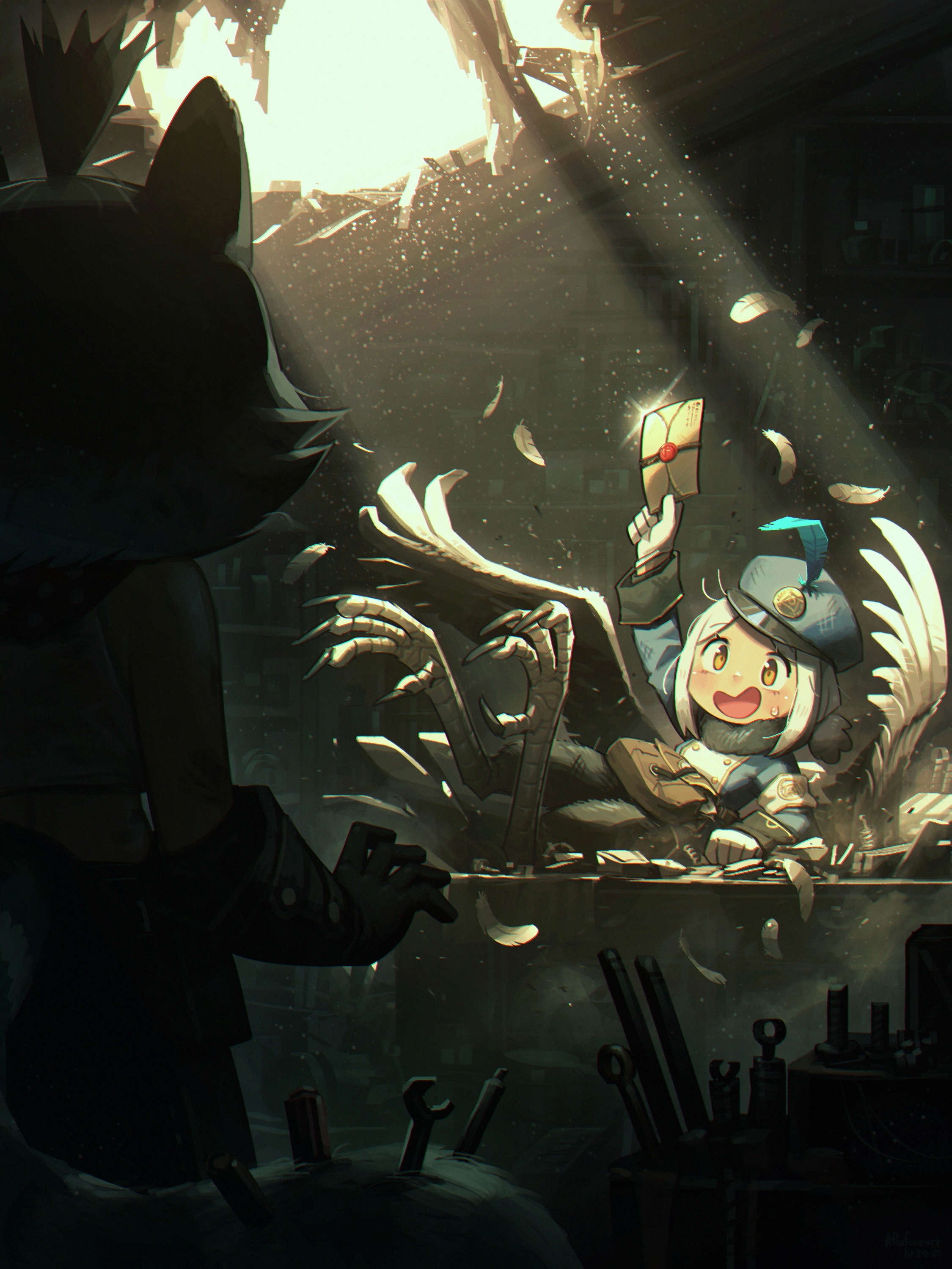 Cute bird-person receiving a letter in a workshop HD Wallpaper
