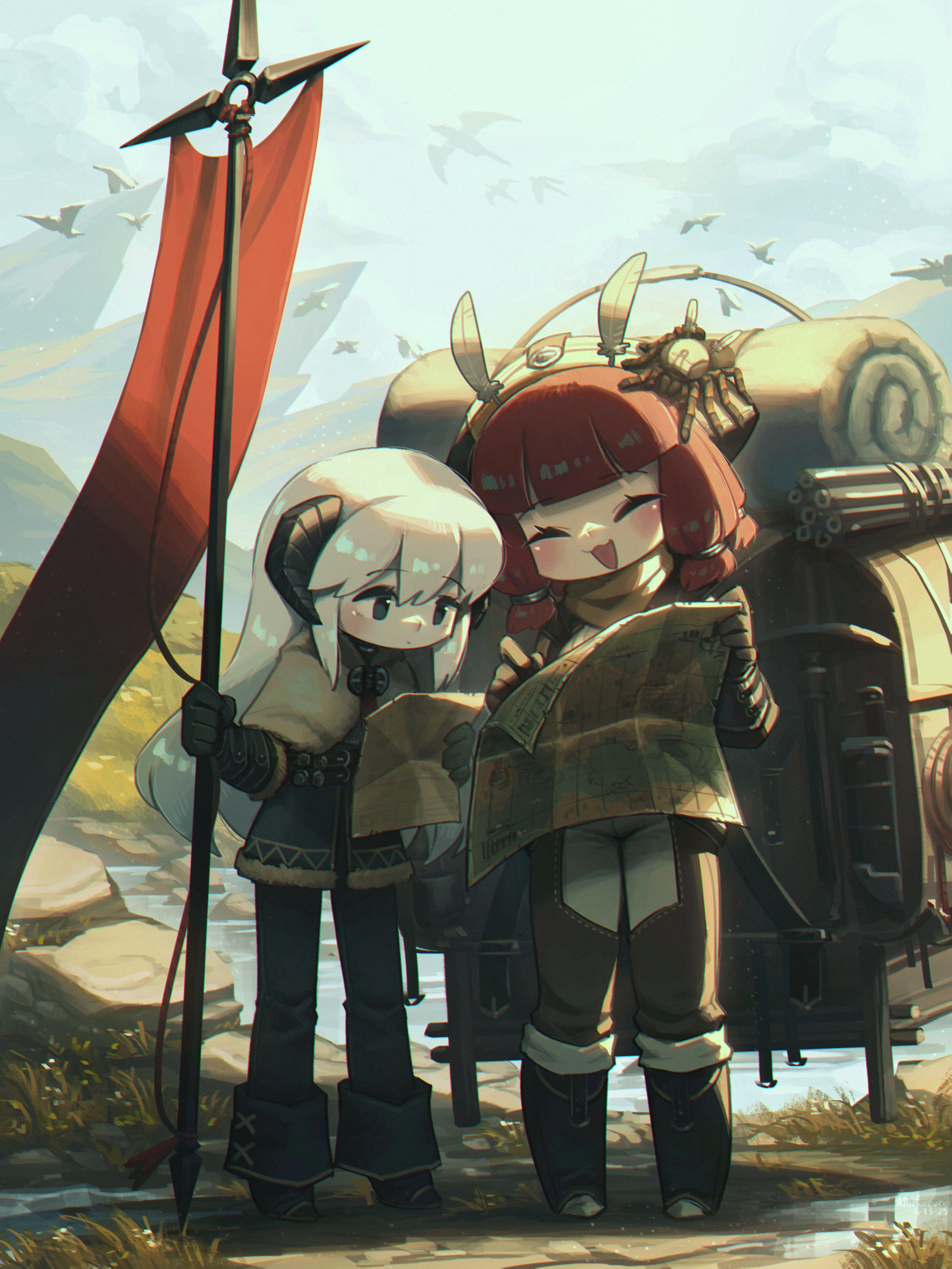 Two anime girls looking at a map with a large backpack HD Wallpaper