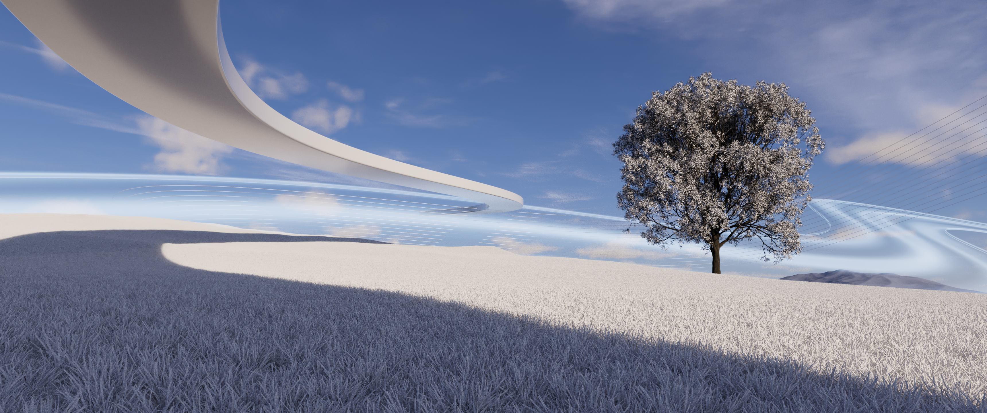 Surreal landscape with a lone tree and abstract structures HD Wallpaper