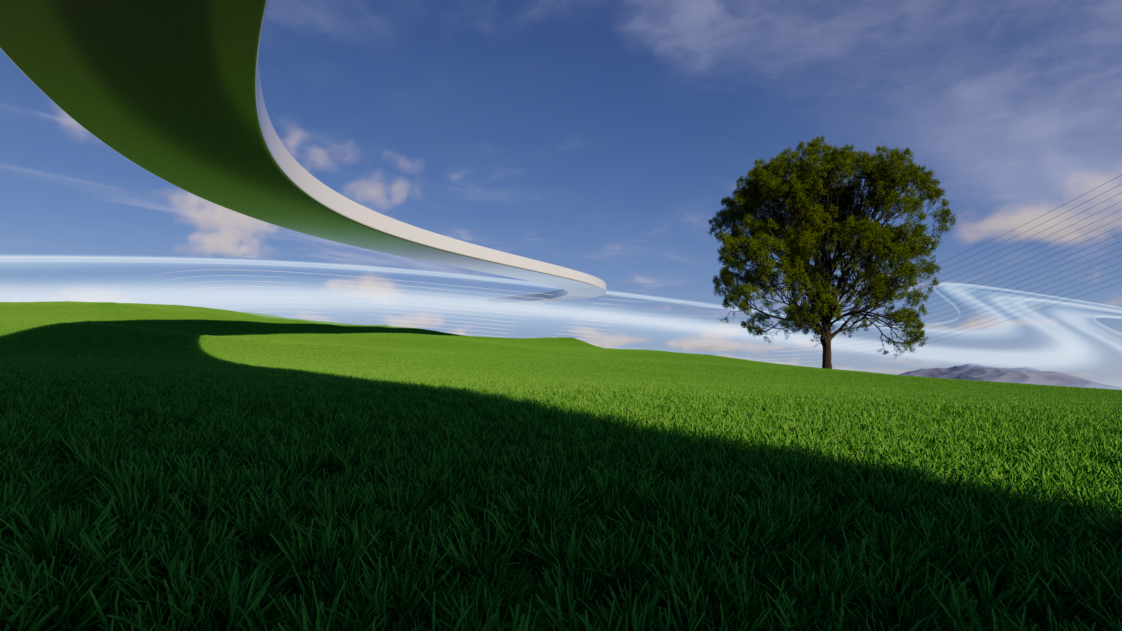 Surreal green landscape with a lone tree HD Wallpaper