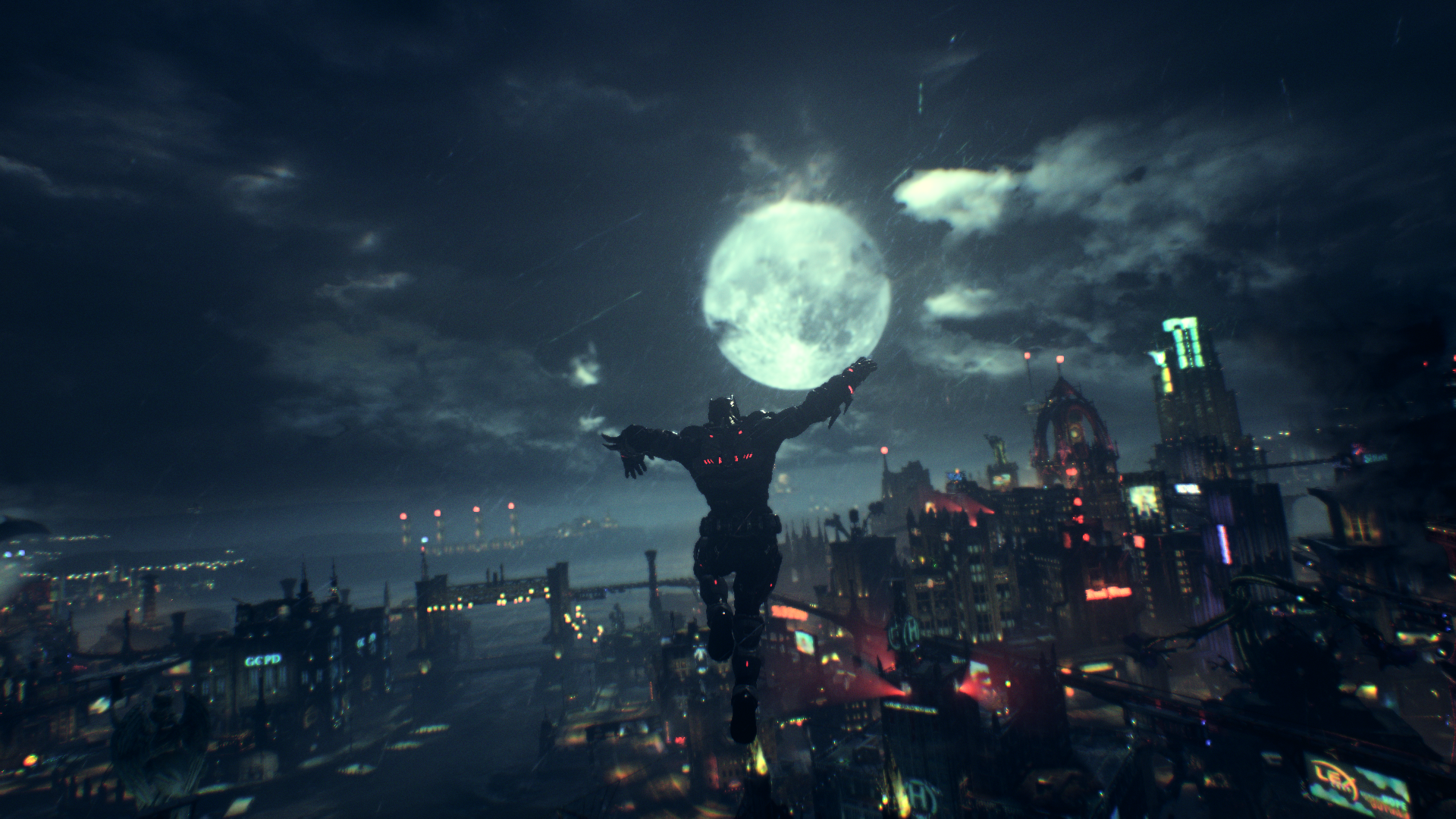 Batman gliding over Gotham City under a full moon HD Wallpaper