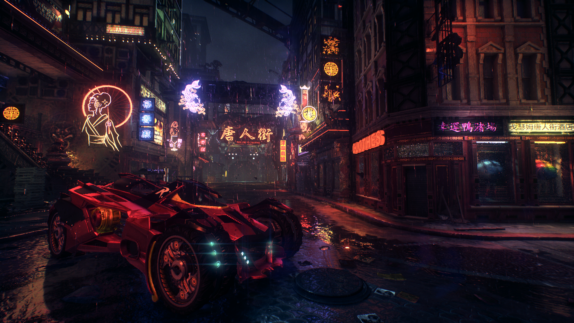 Batmobile in a rainy neon-lit Asian street HD Wallpaper