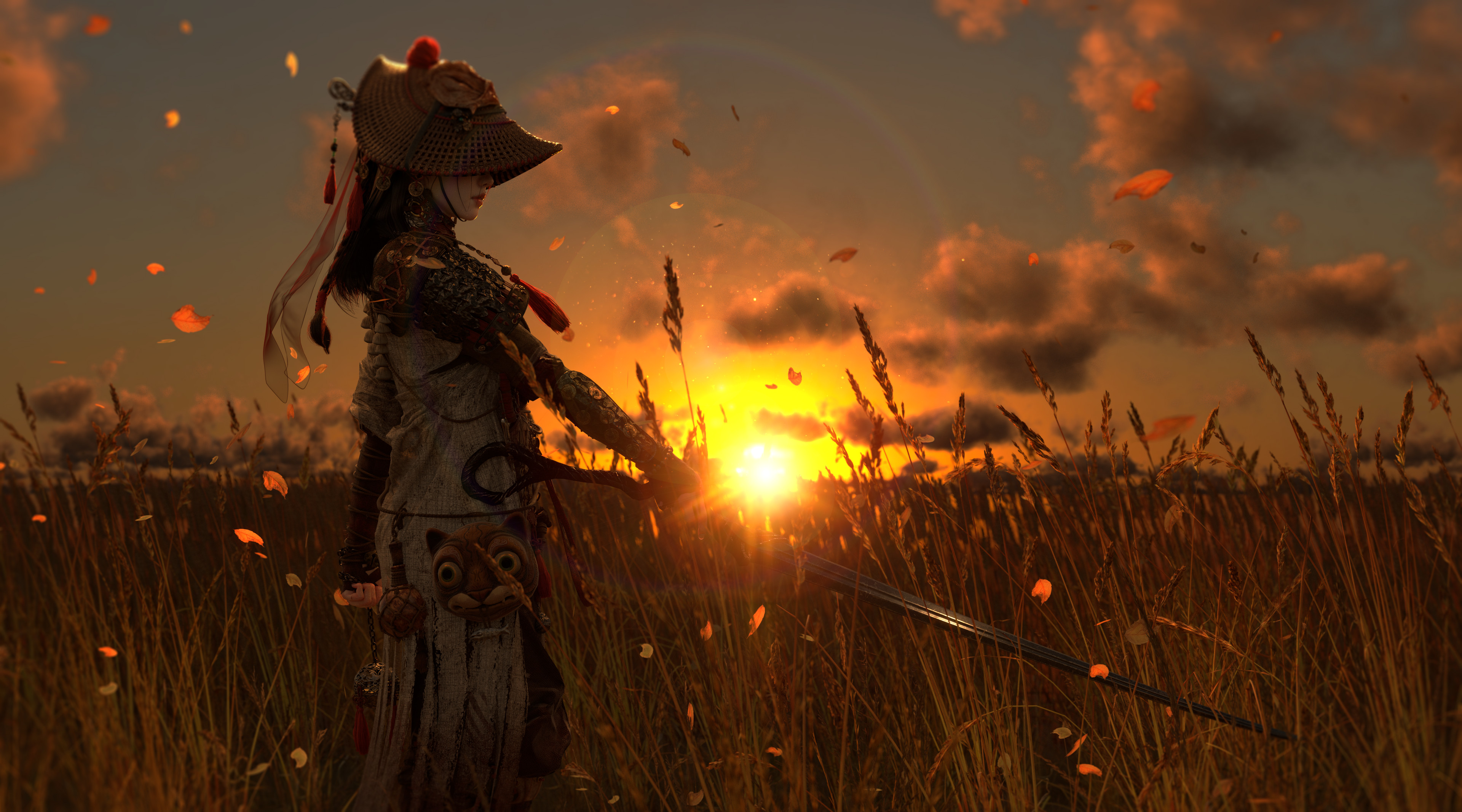 Samurai warrior in a field at sunset HD Wallpaper
