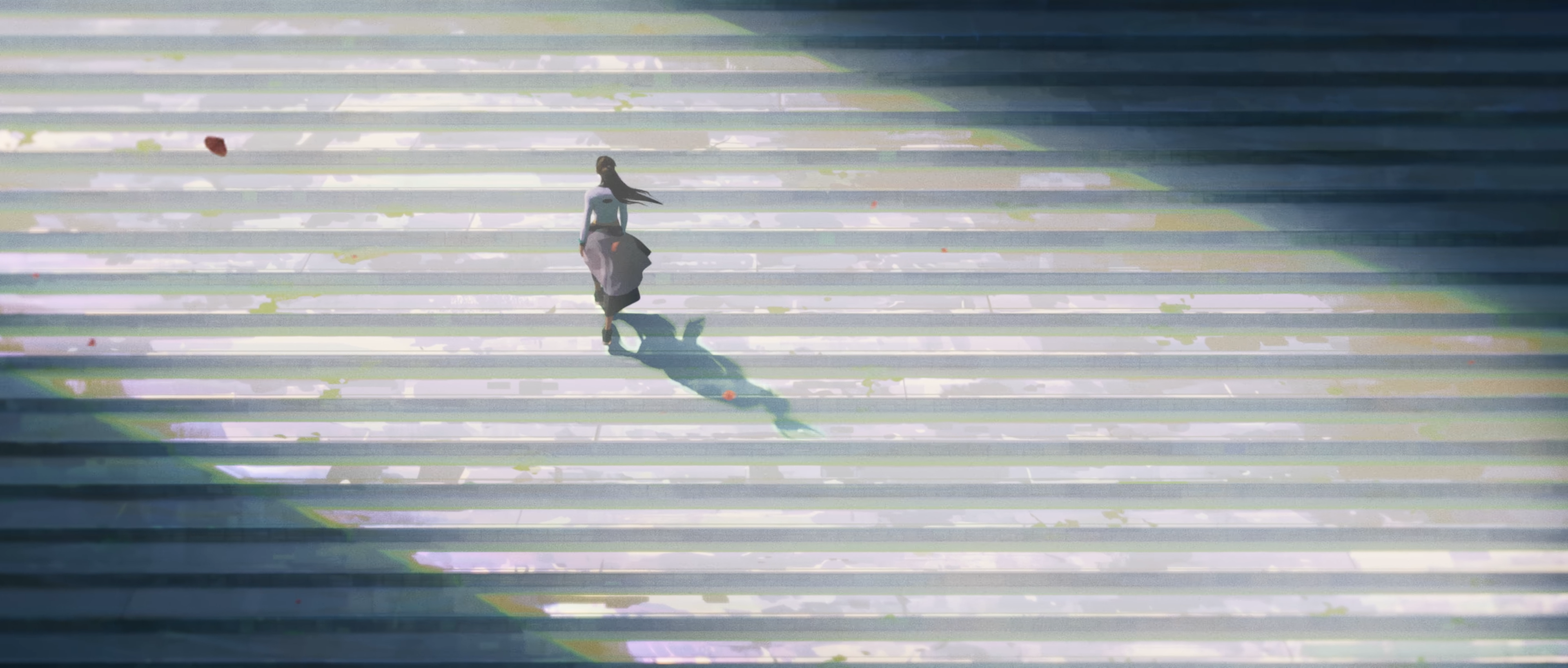 Girl walking up sunlit stairs HD Wallpaper