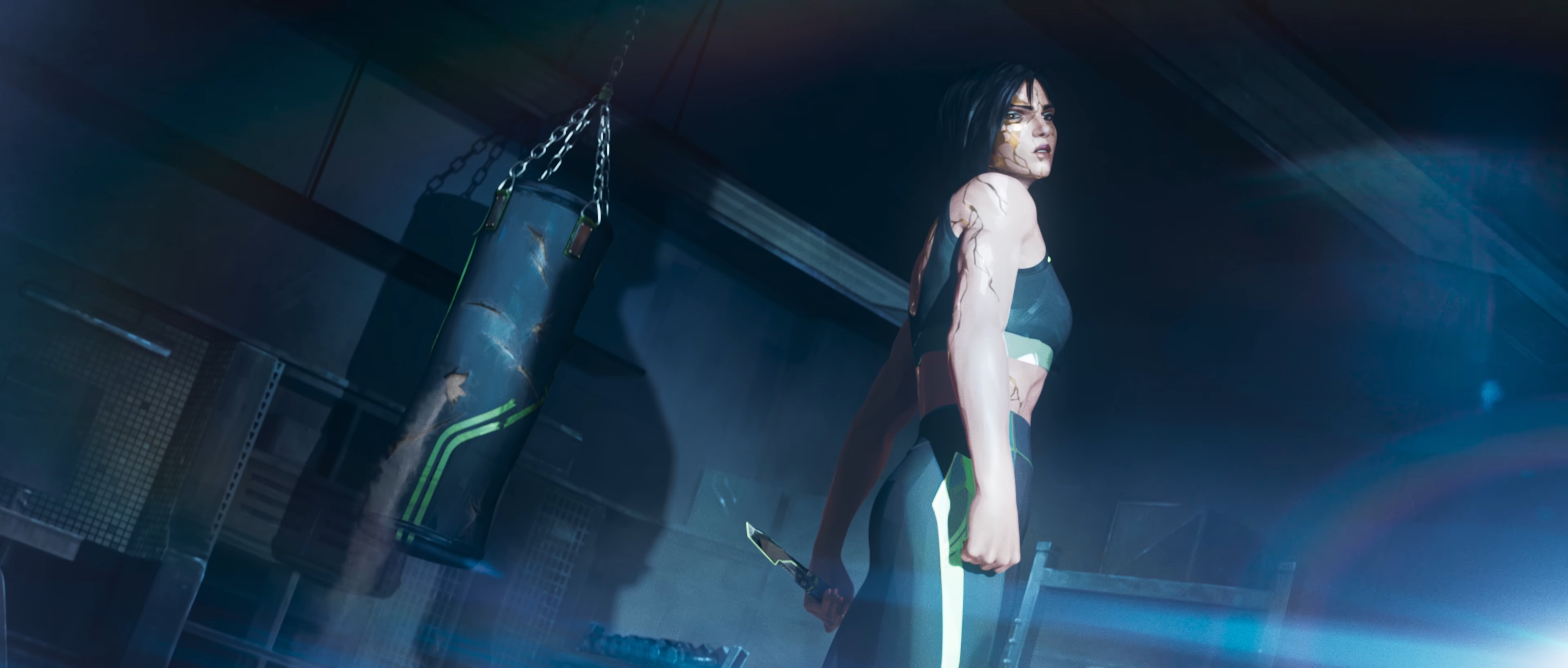 Female fighter with knife in gym HD Wallpaper