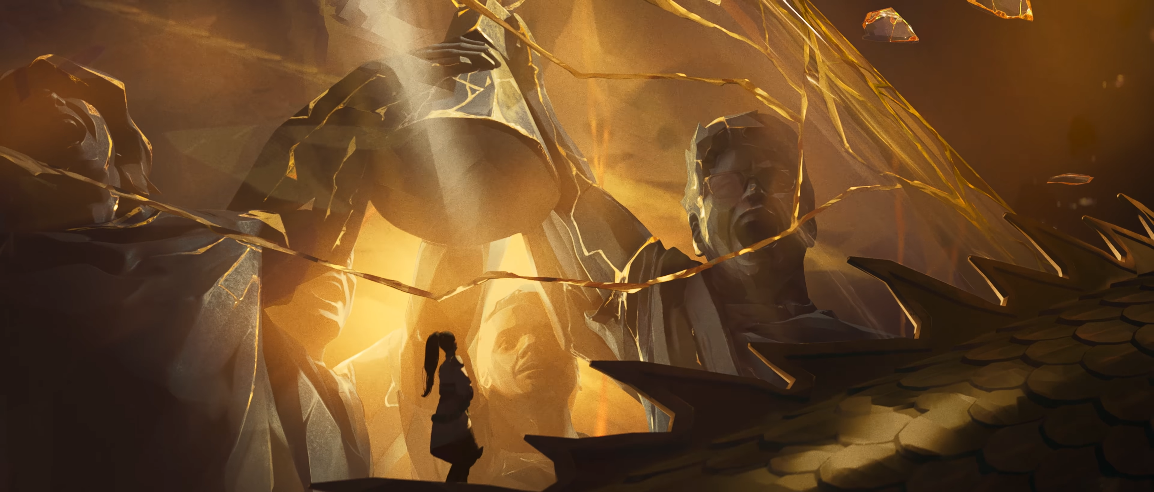 Girl in front of giant statues and dragon scales HD Wallpaper
