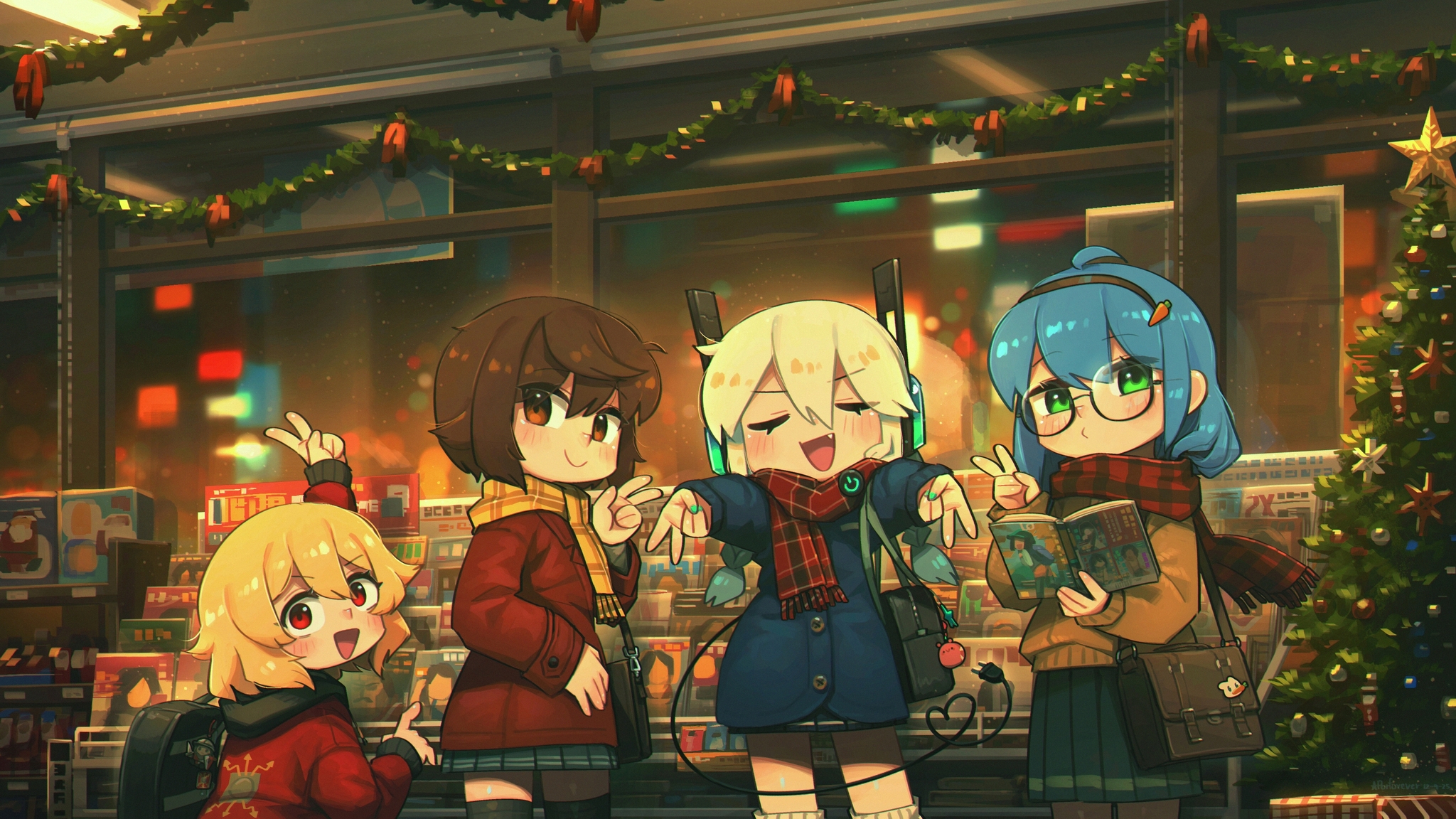 Four anime girls in winter clothes with Christmas decorations HD Wallpaper