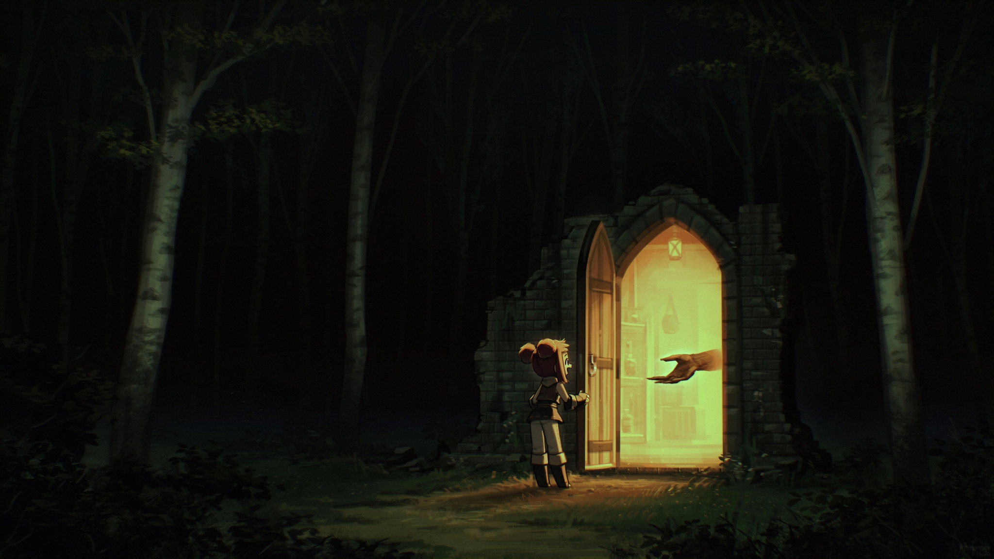 Girl at a glowing doorway in a dark forest HD Wallpaper