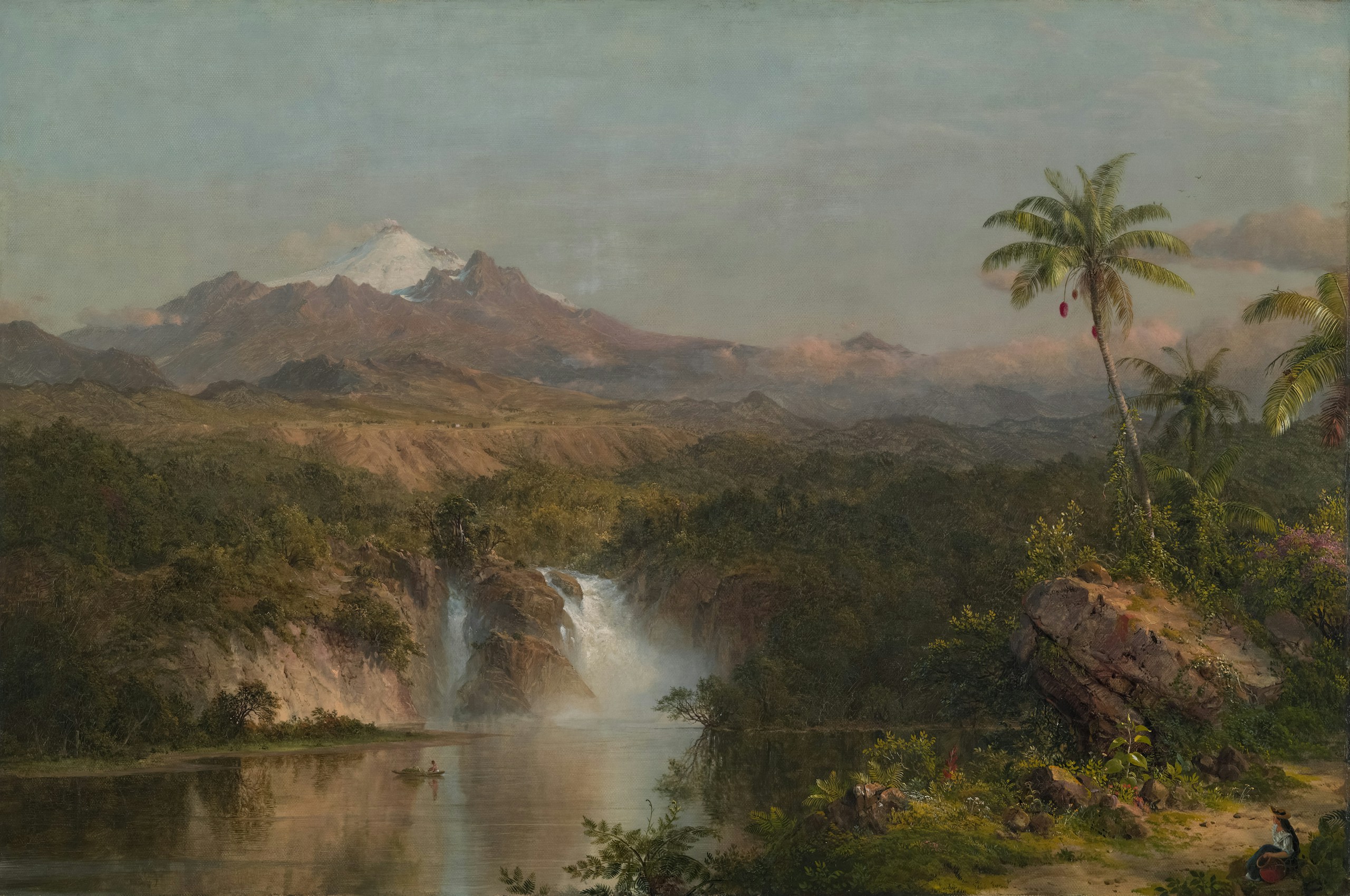 Painting of a tropical landscape with a volcano HD Wallpaper