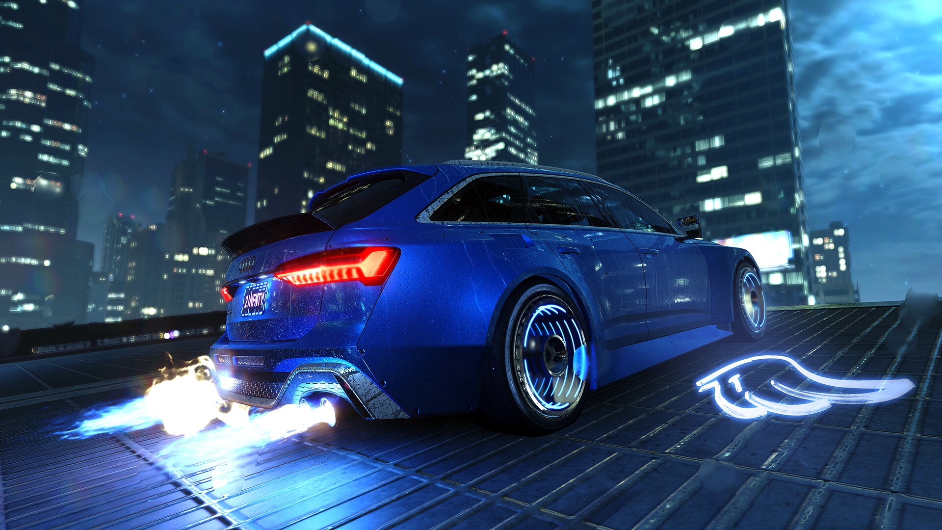 Blue Audi RS6 Avant with flames in a futuristic city HD Wallpaper