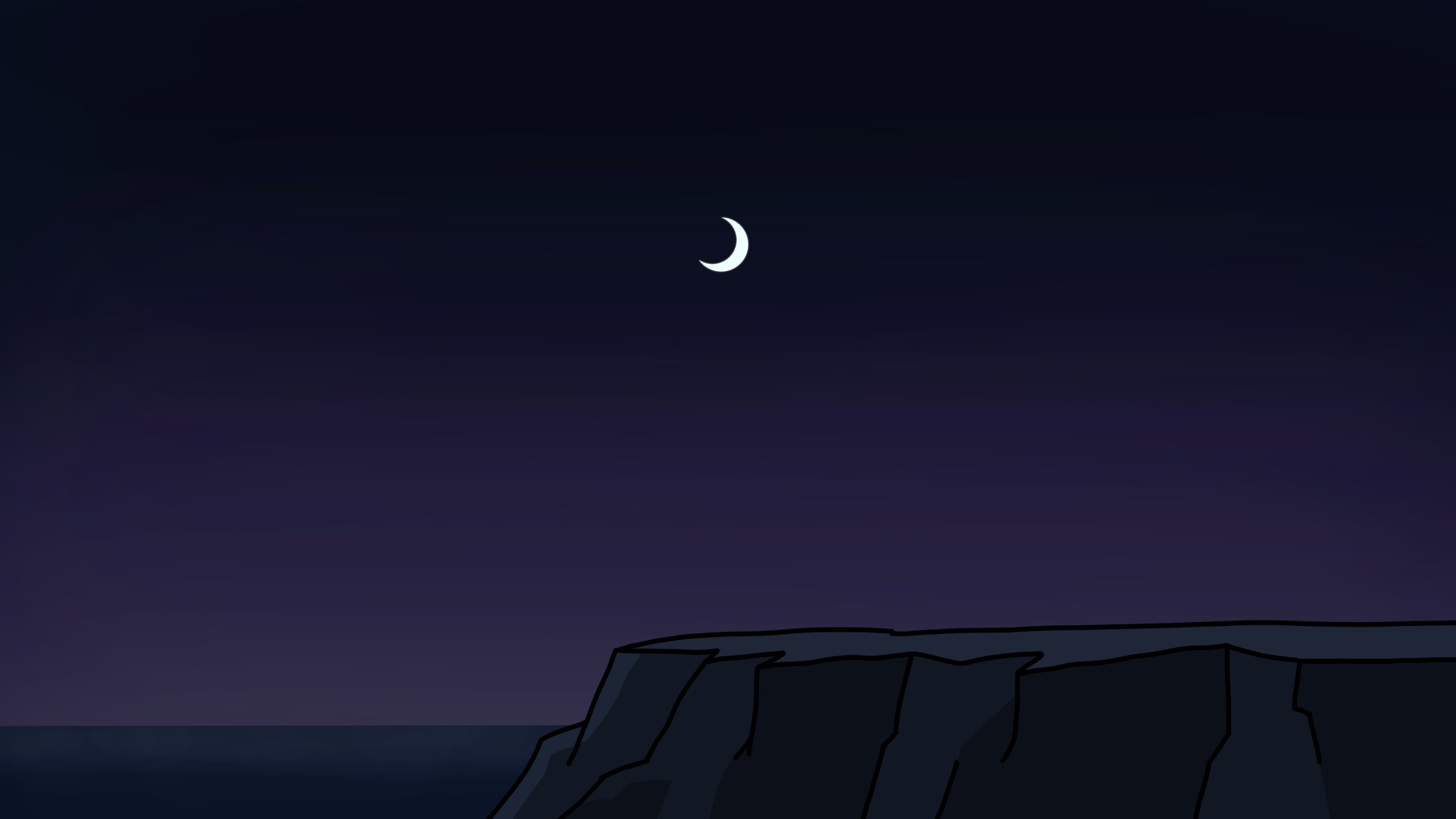 Crescent moon over a dark cliff and ocean HD Wallpaper