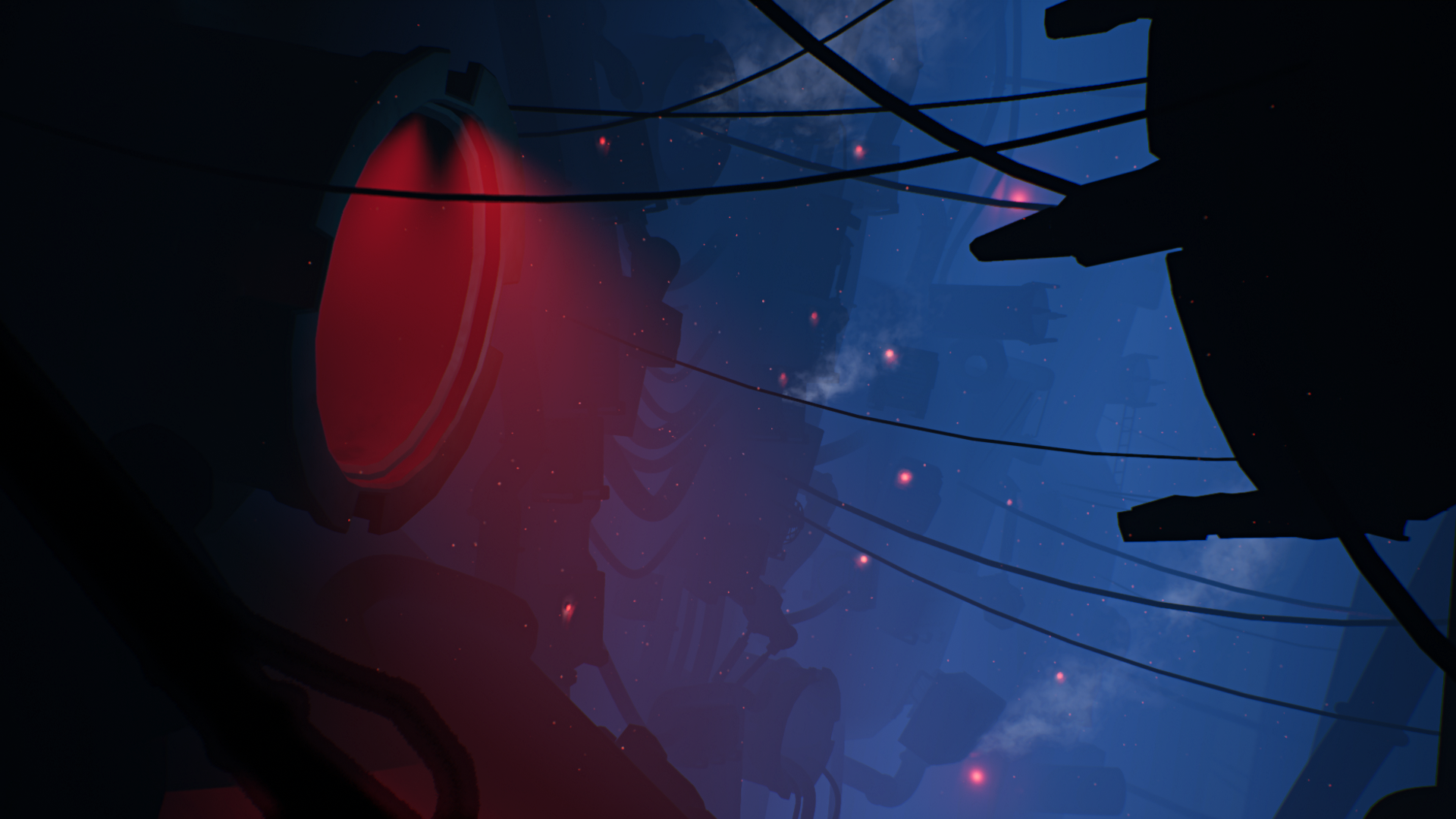 Dark Sci-Fi Industrial Scene with Red Light HD Wallpaper