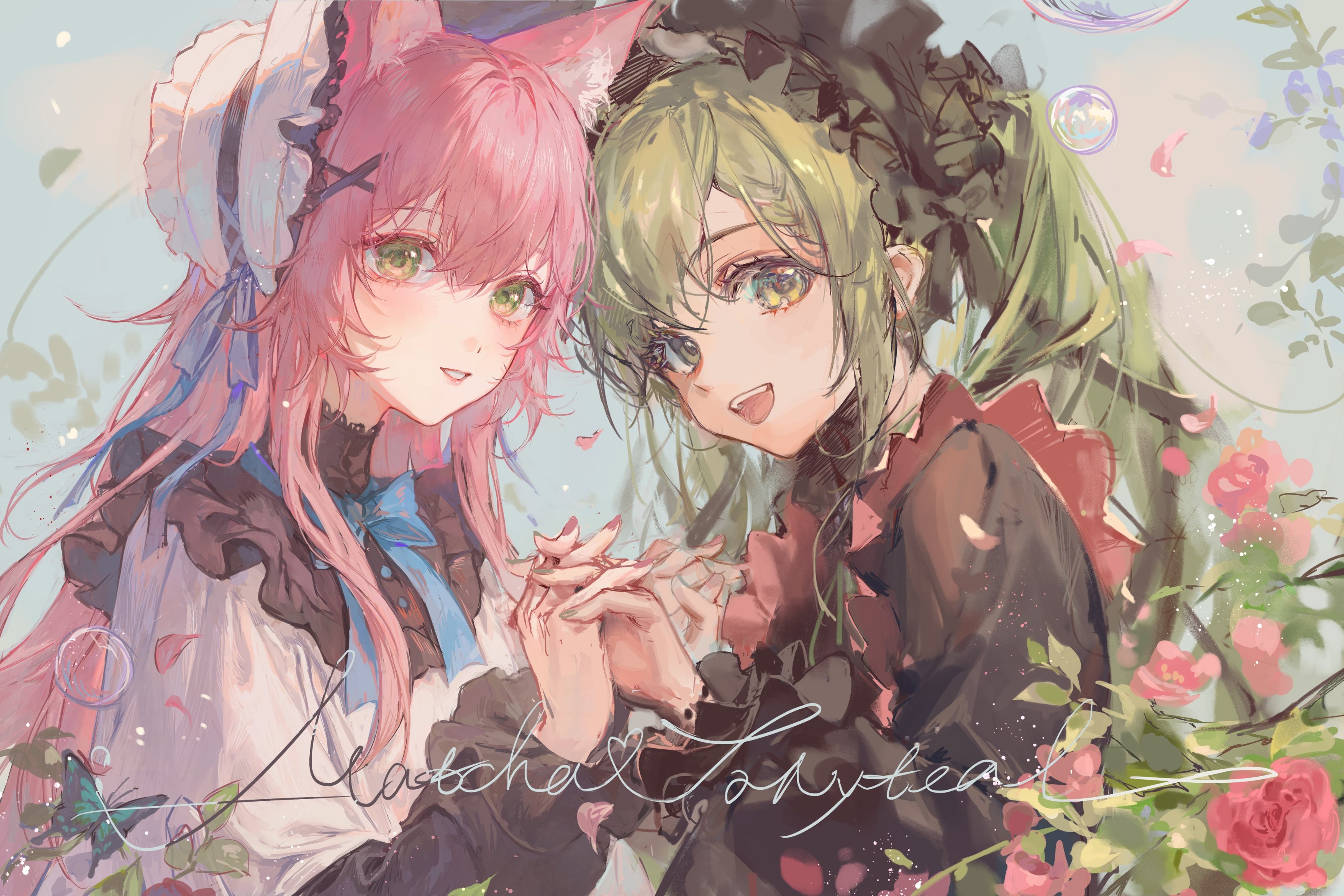 Two anime girls with pink and green hair holding hands HD Wallpaper