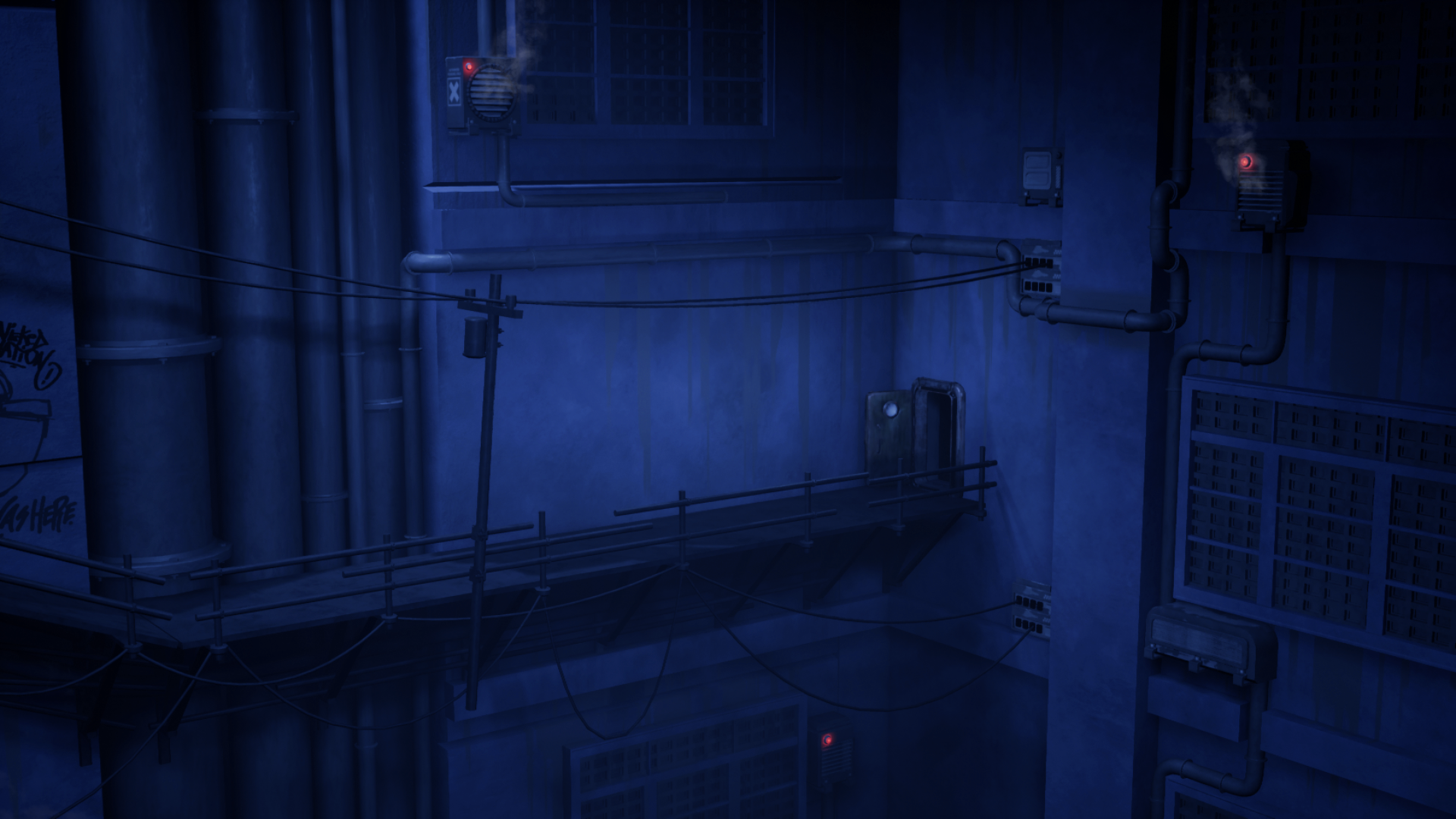 Dark alleyway with pipes and scaffolding at night HD Wallpaper