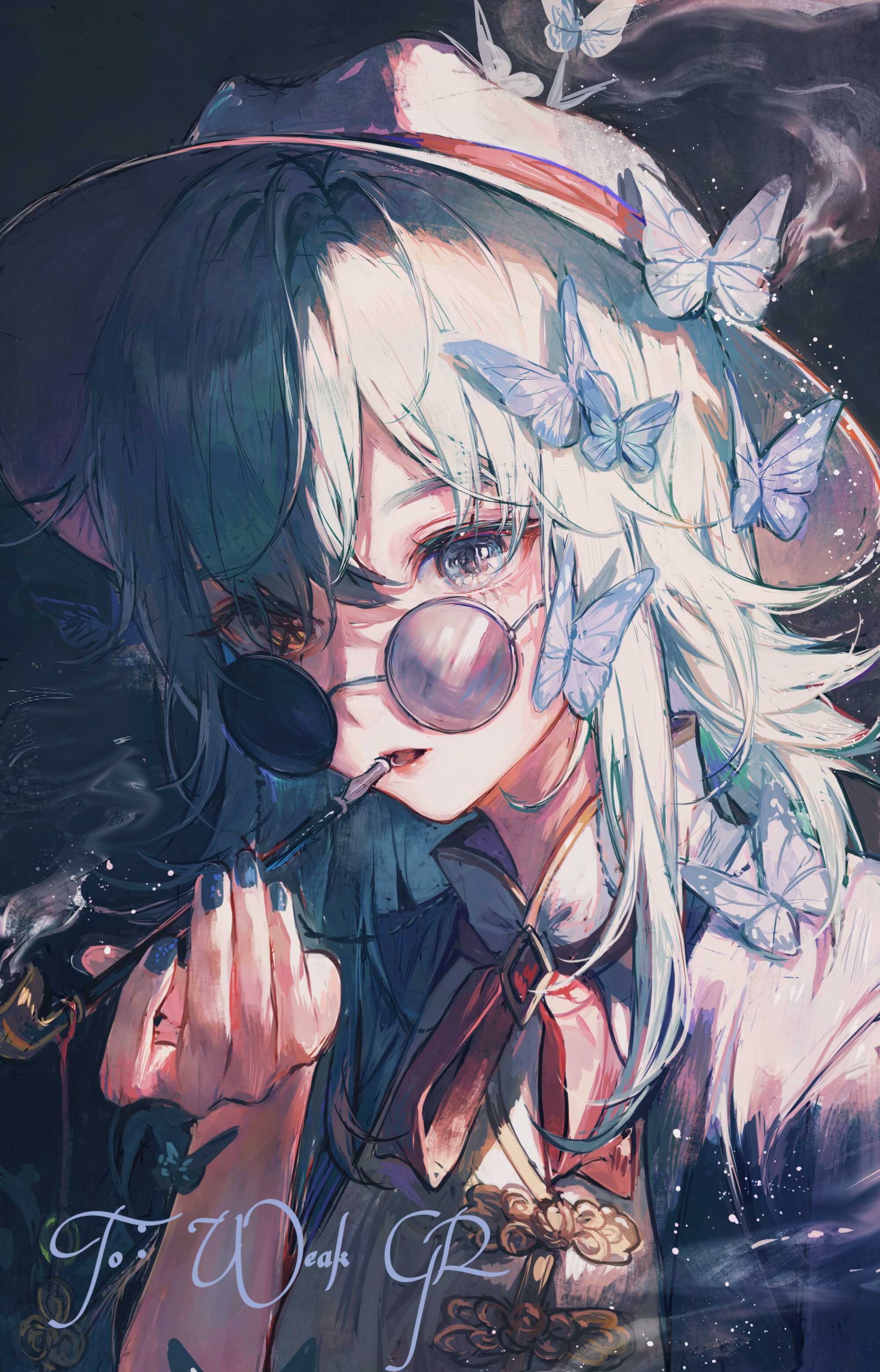 Anime girl with butterflies and a pipe HD Wallpaper