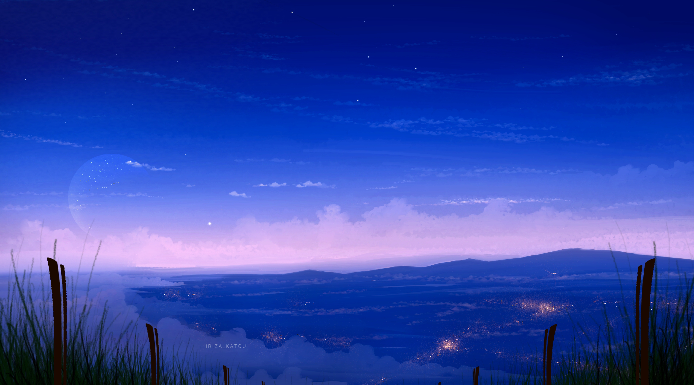 Night landscape with city lights and a large moon HD Wallpaper