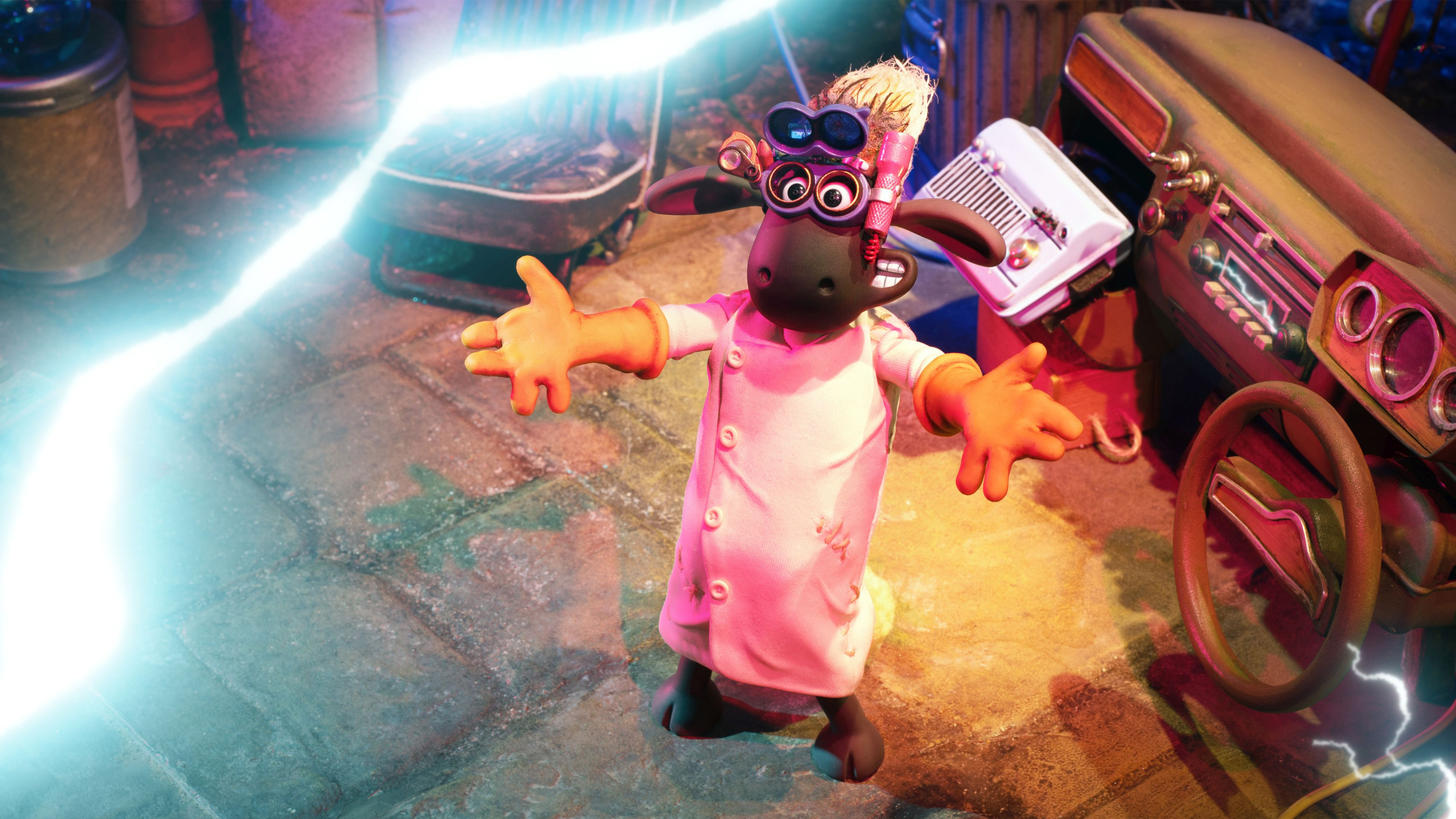 Shaun the Sheep as a mad scientist with lightning HD Wallpaper