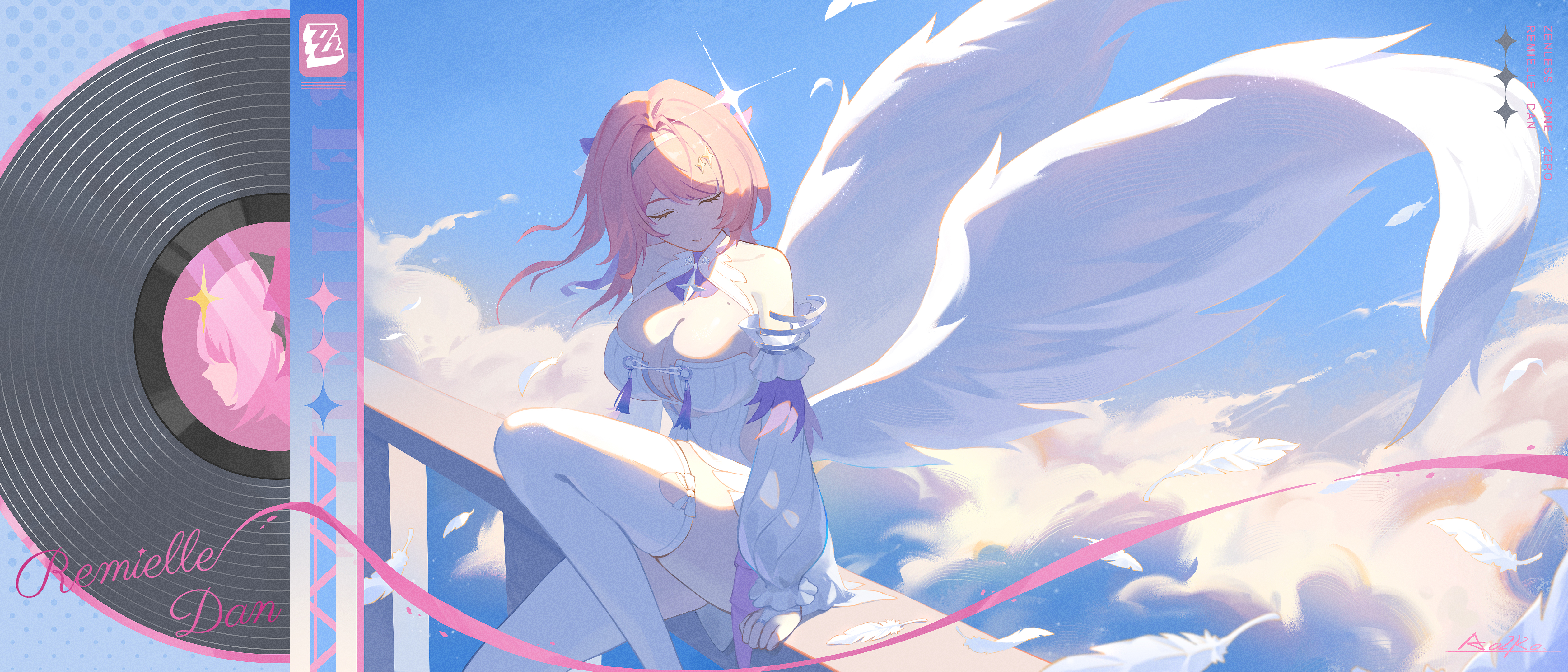 Anime girl with wings and vinyl record HD Wallpaper