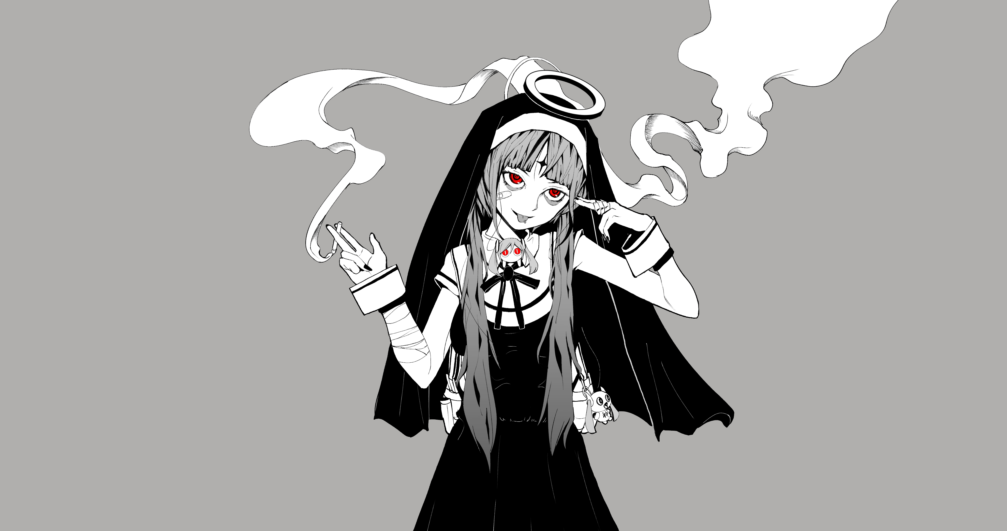 Anime girl in nun outfit smoking and making gun gesture HD Wallpaper