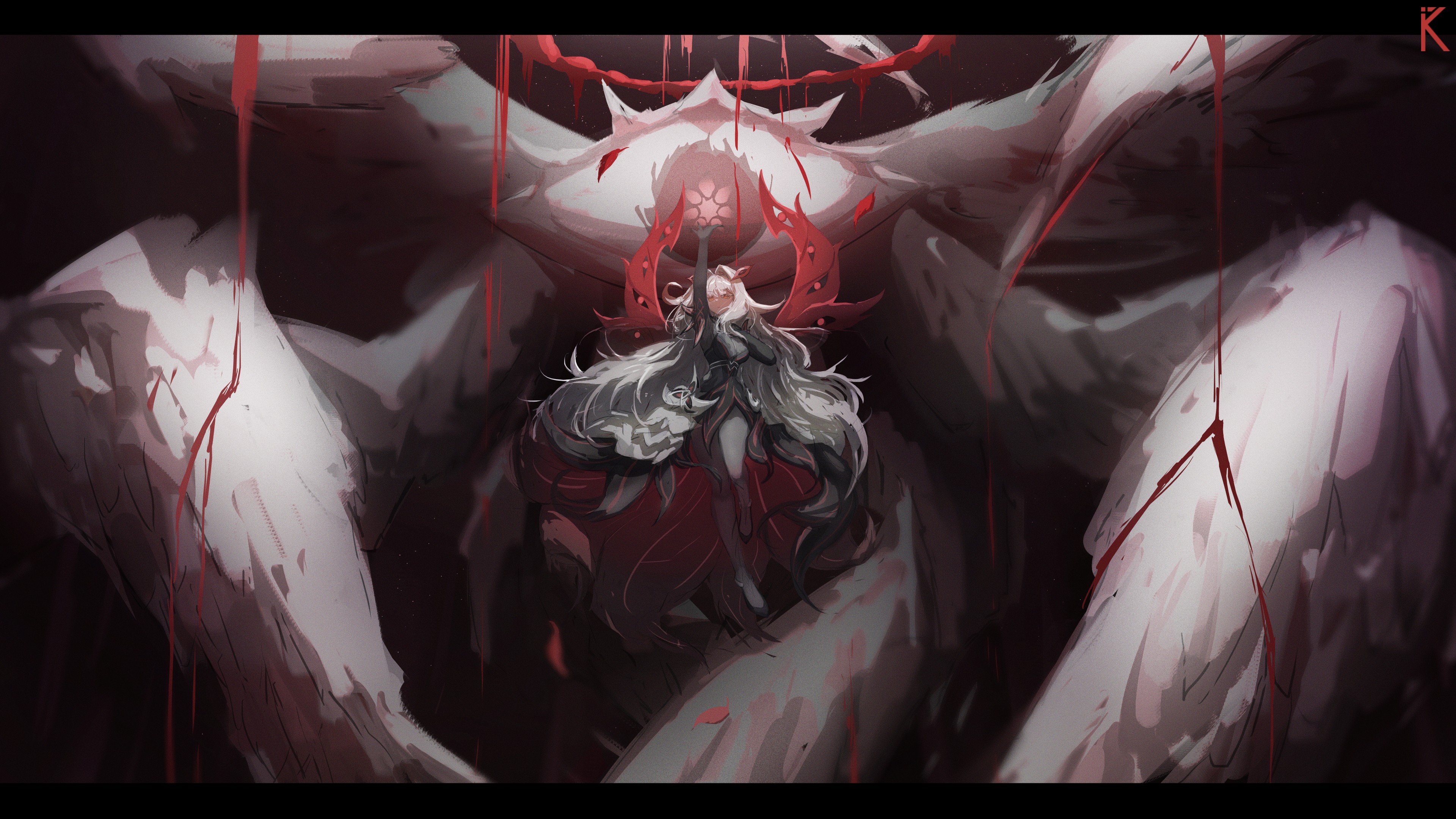 Anime girl with white hair and large wings HD Wallpaper
