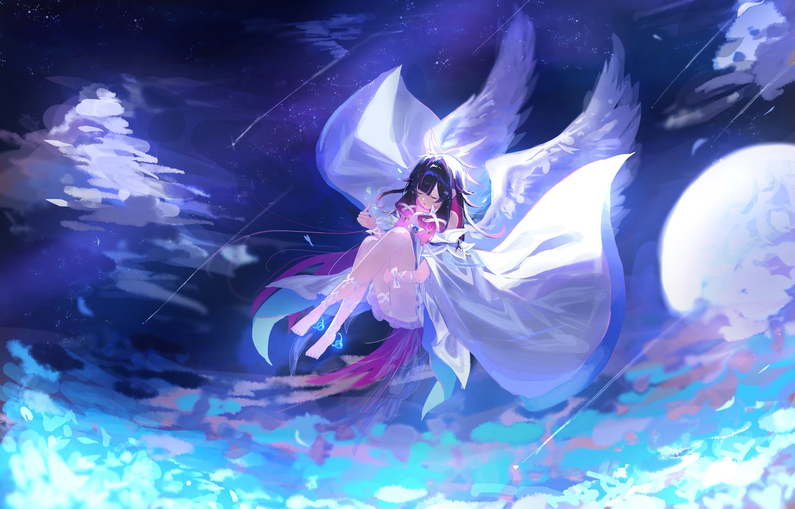 Anime Girl with Wings in a Starry Sky HD Wallpaper
