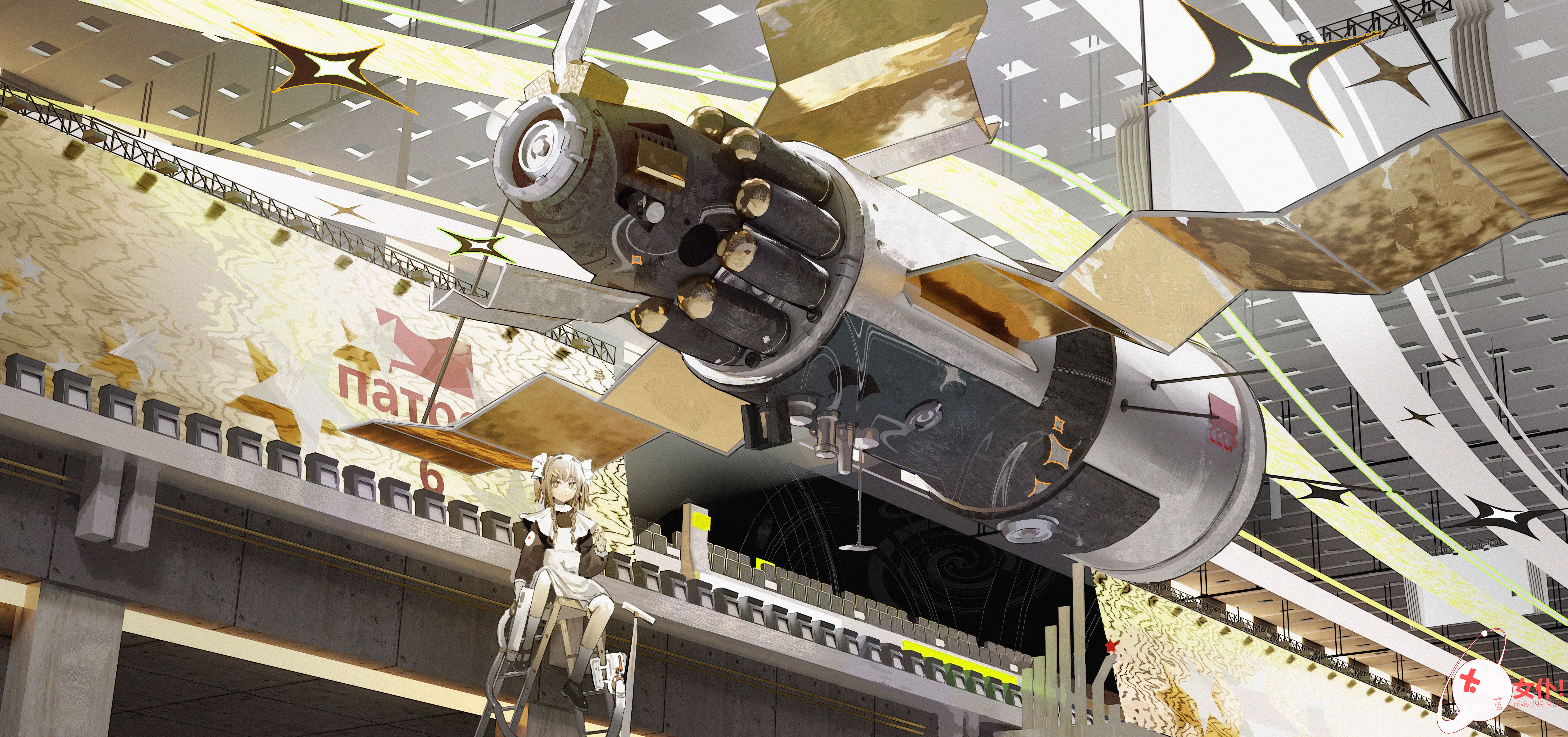 Anime girl on ladder near futuristic spacecraft HD Wallpaper