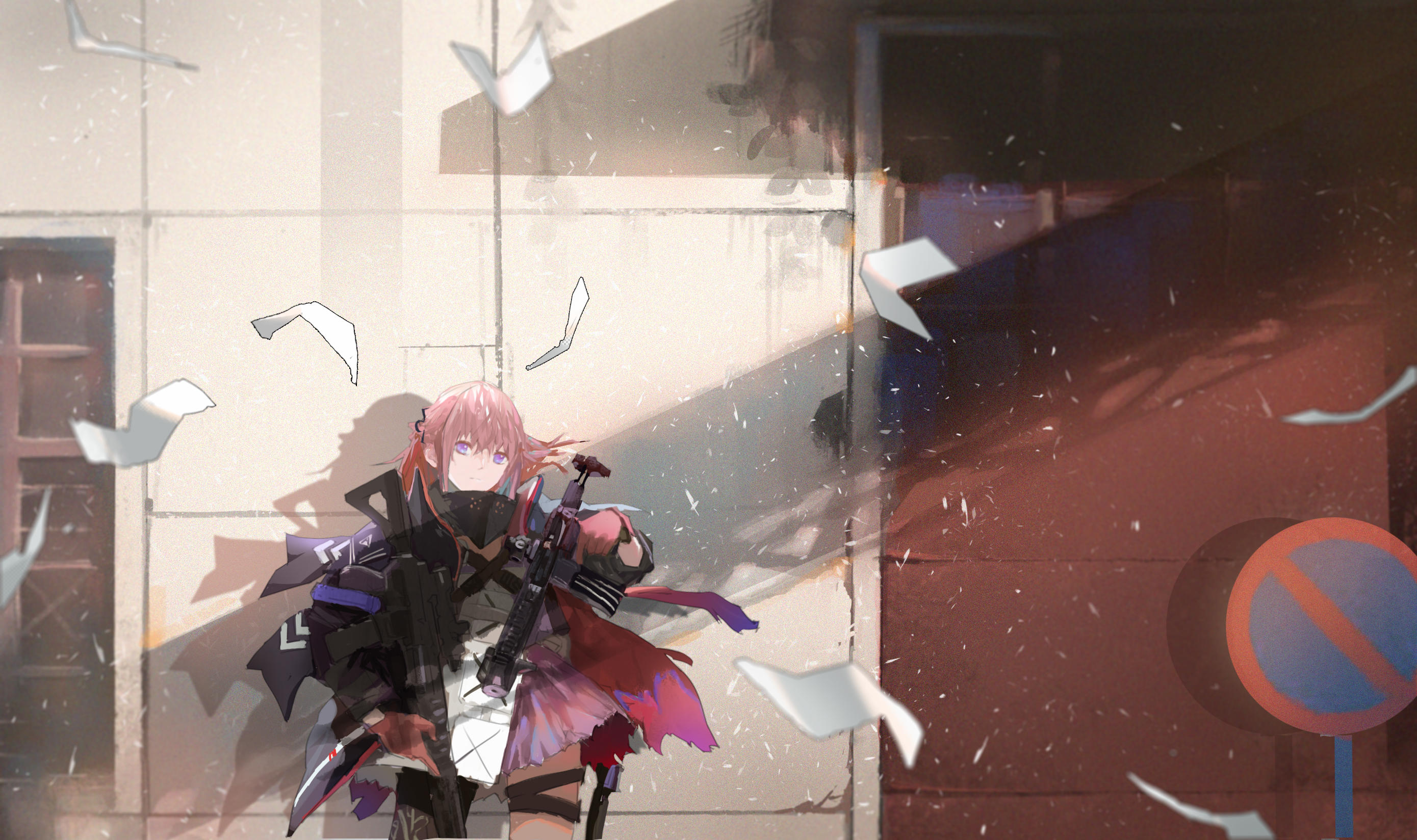 Anime girl with gun in urban setting with flying papers HD Wallpaper