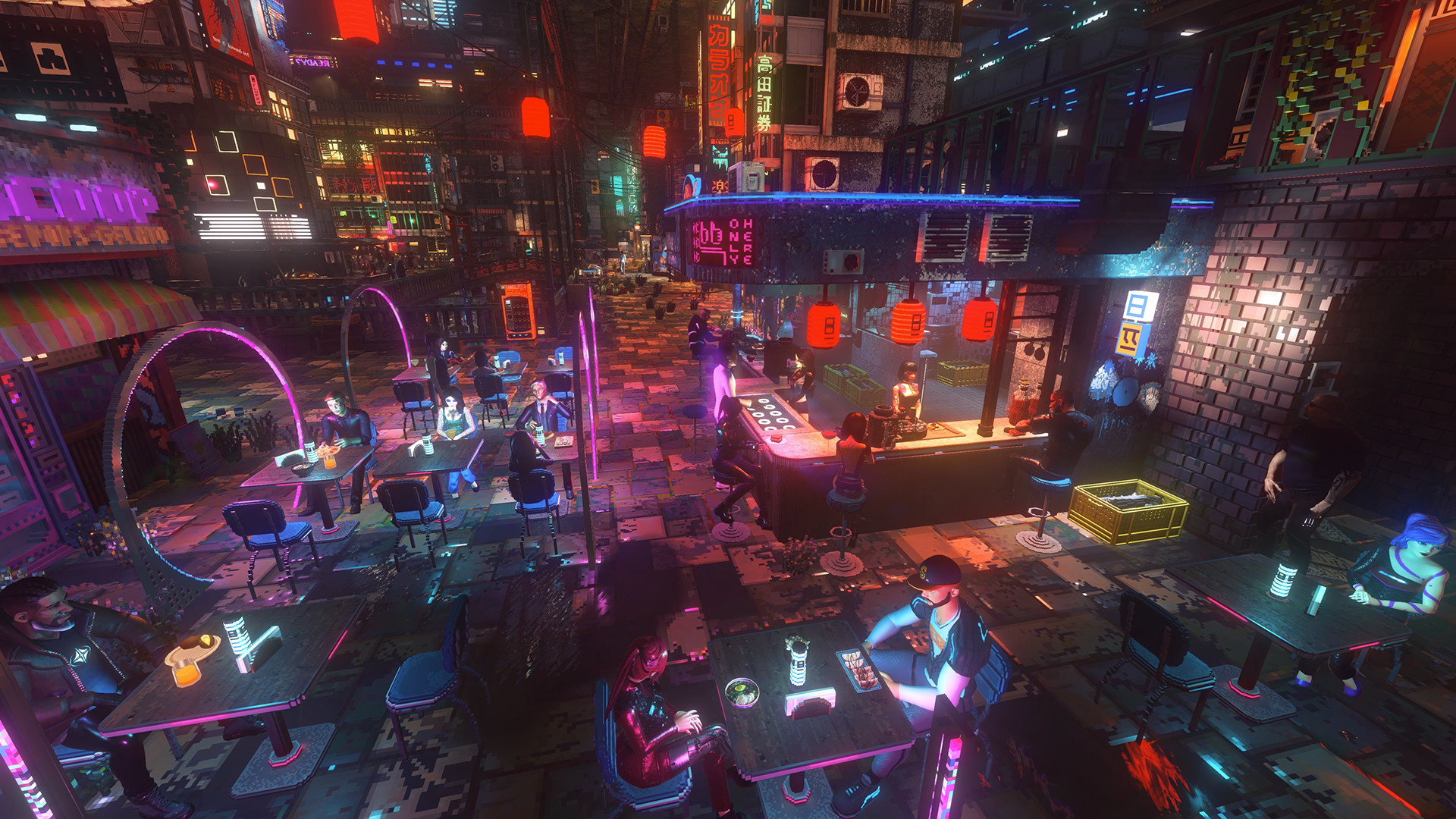 Cyberpunk city street with people at outdoor cafes HD Wallpaper