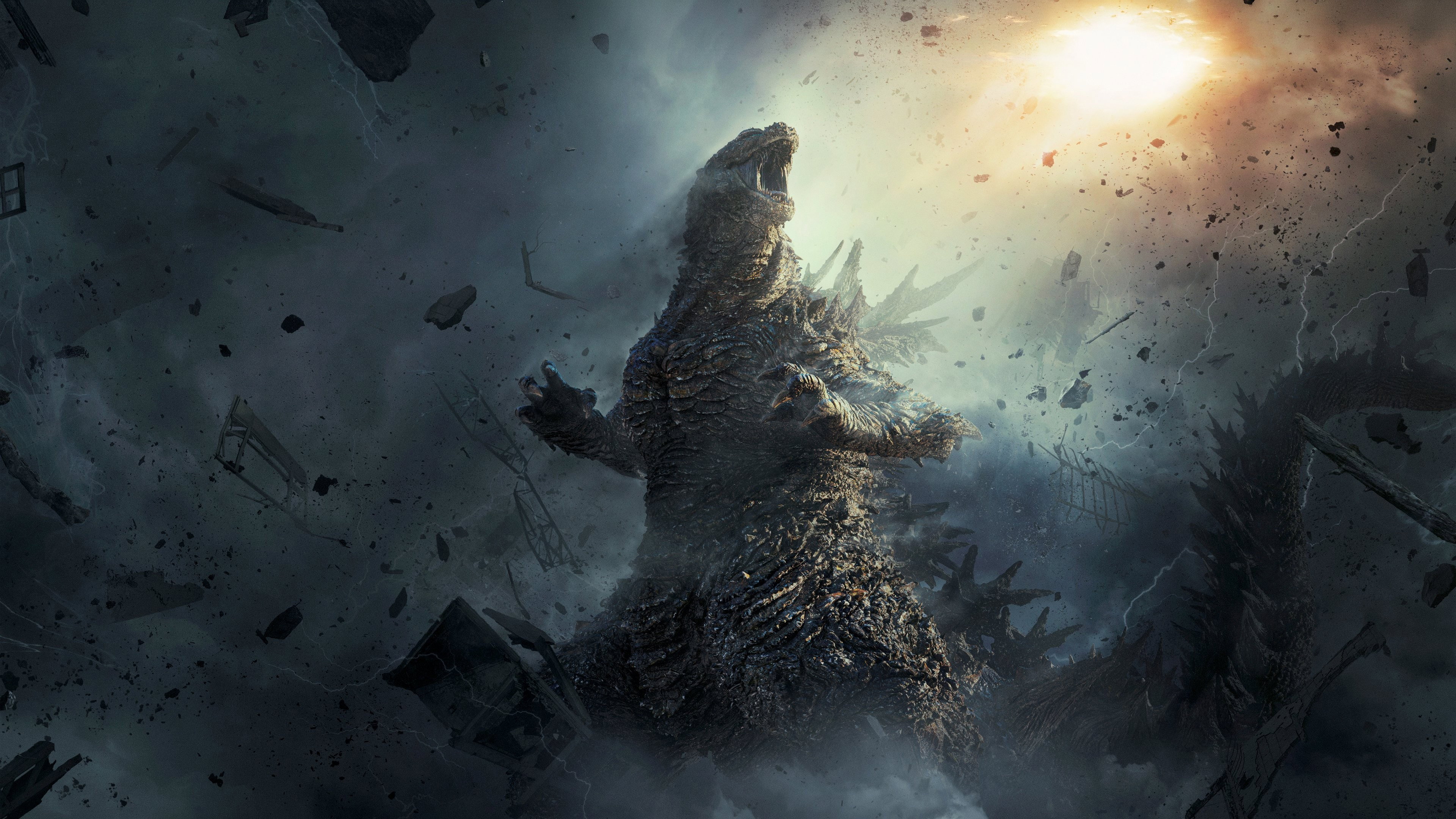 Godzilla roaring amidst destruction and lightning HD Wallpaper