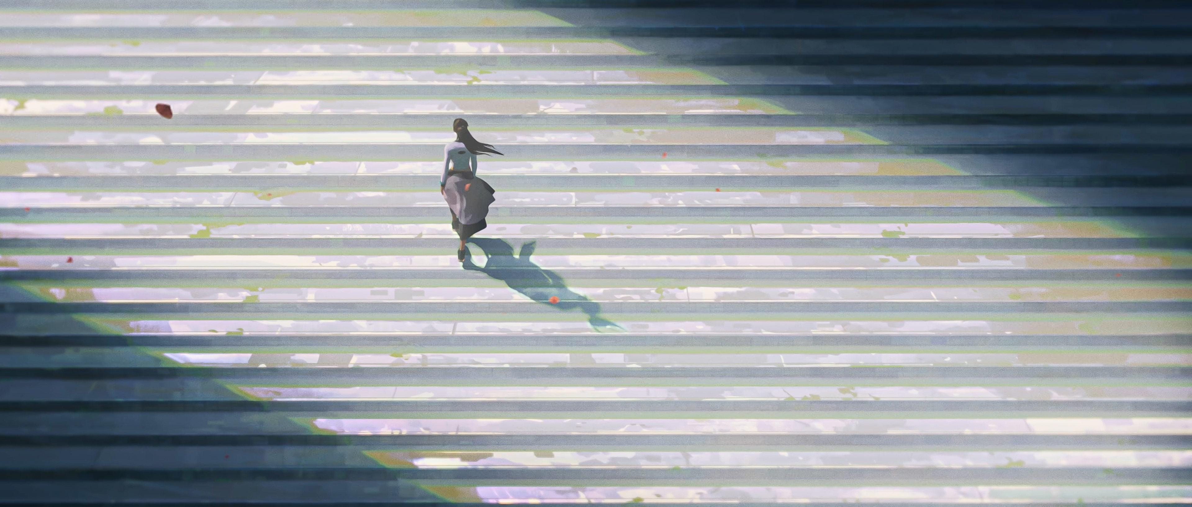 Woman walking up sunlit stairs HD Wallpaper