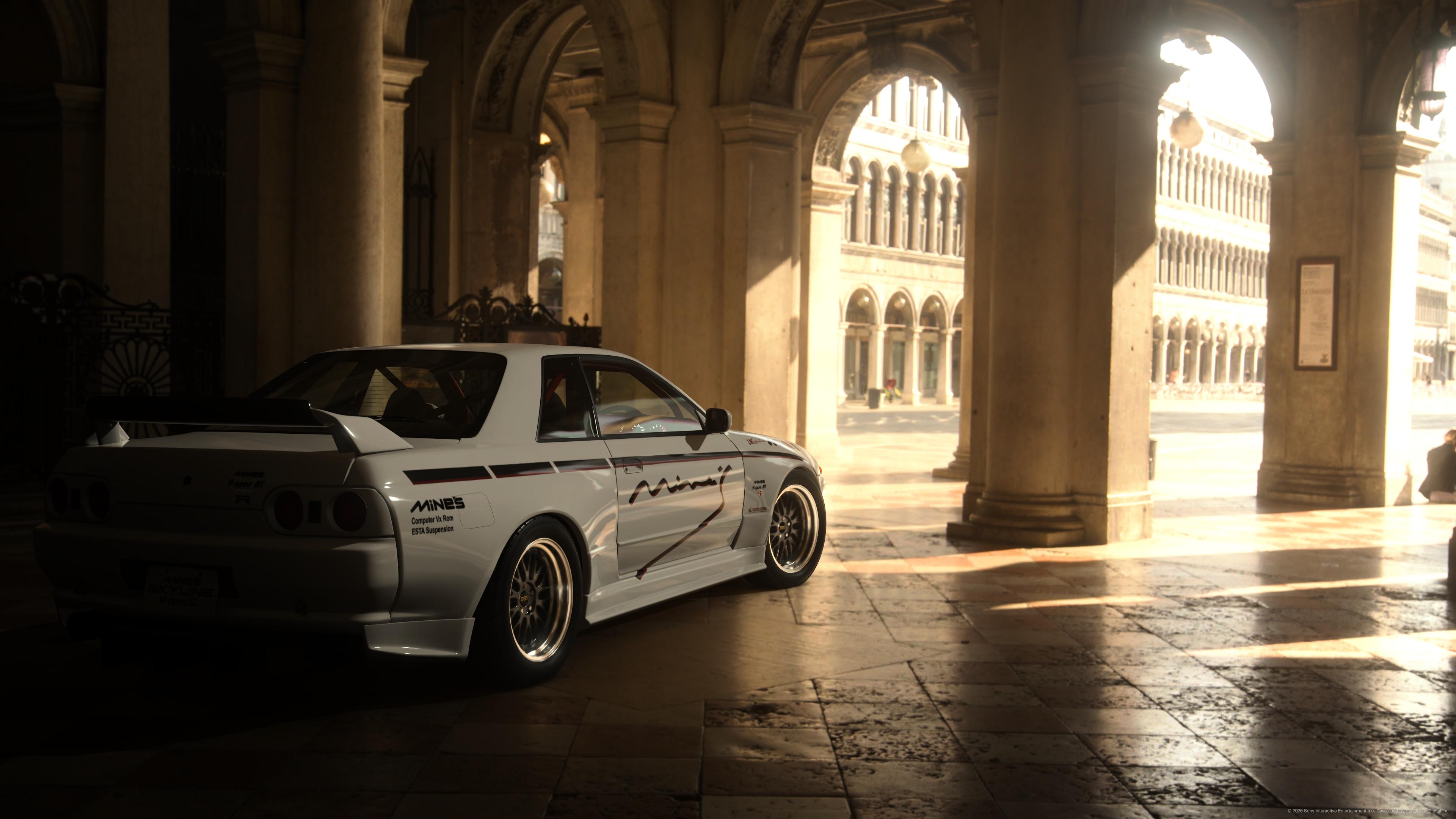 White Nissan Skyline GT-R R32 in Venetian Portico HD Wallpaper