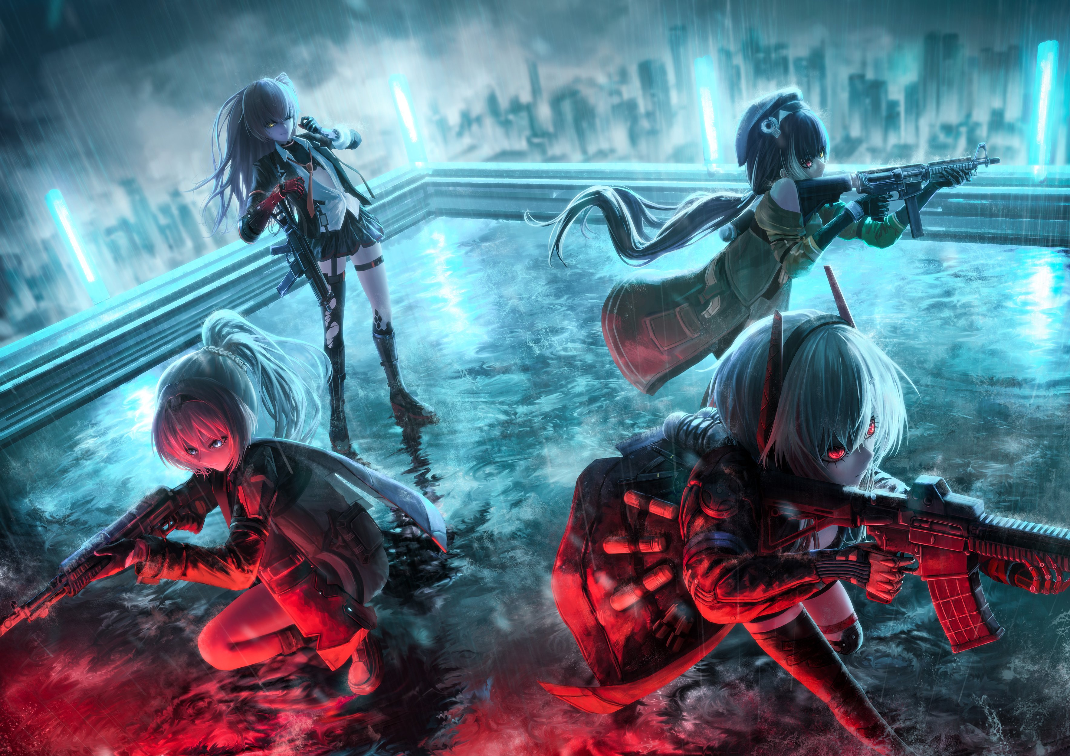 Girls with guns in a rainy futuristic city HD Wallpaper