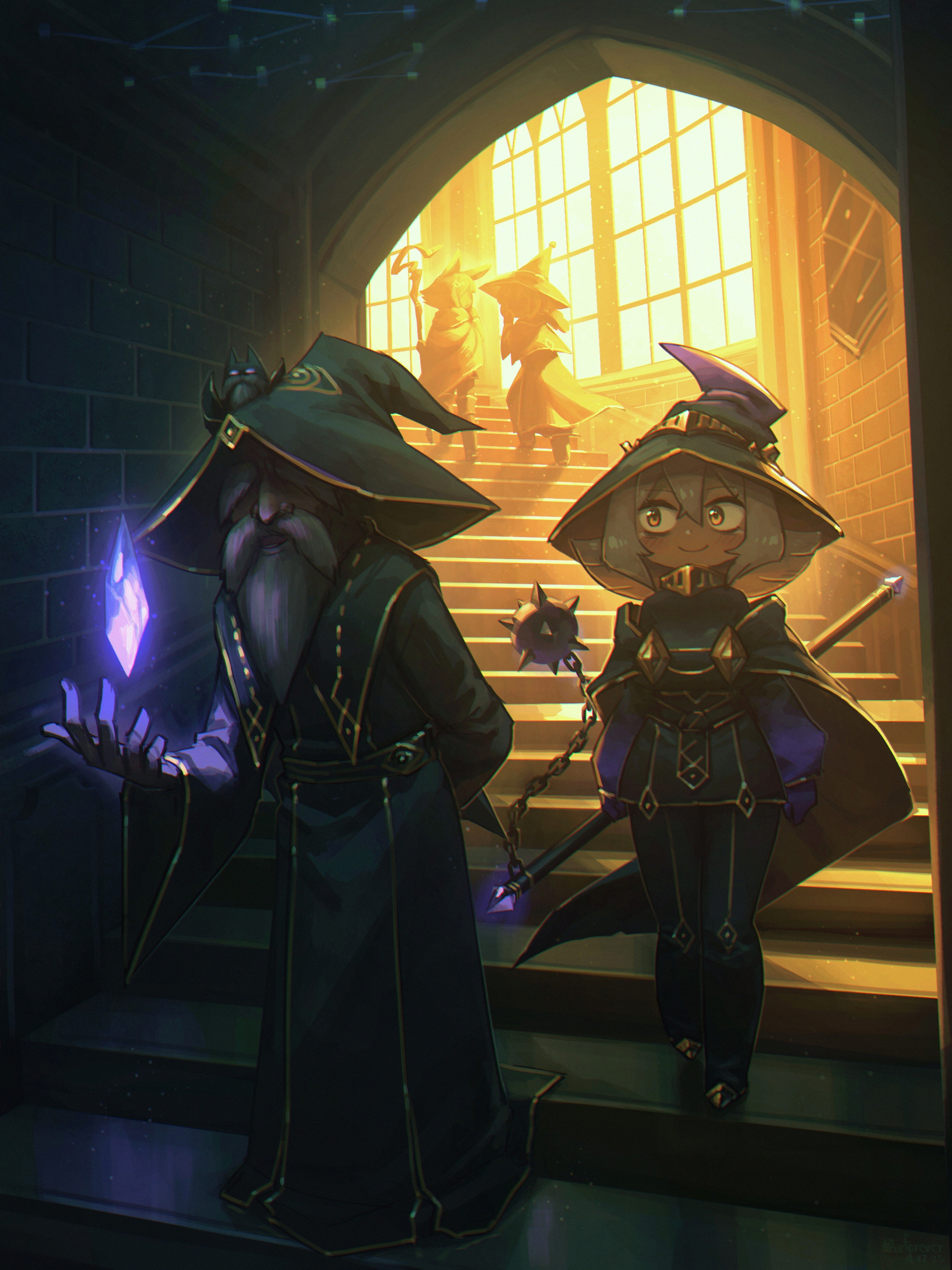 Wizards on a grand staircase with magical crystals HD Wallpaper