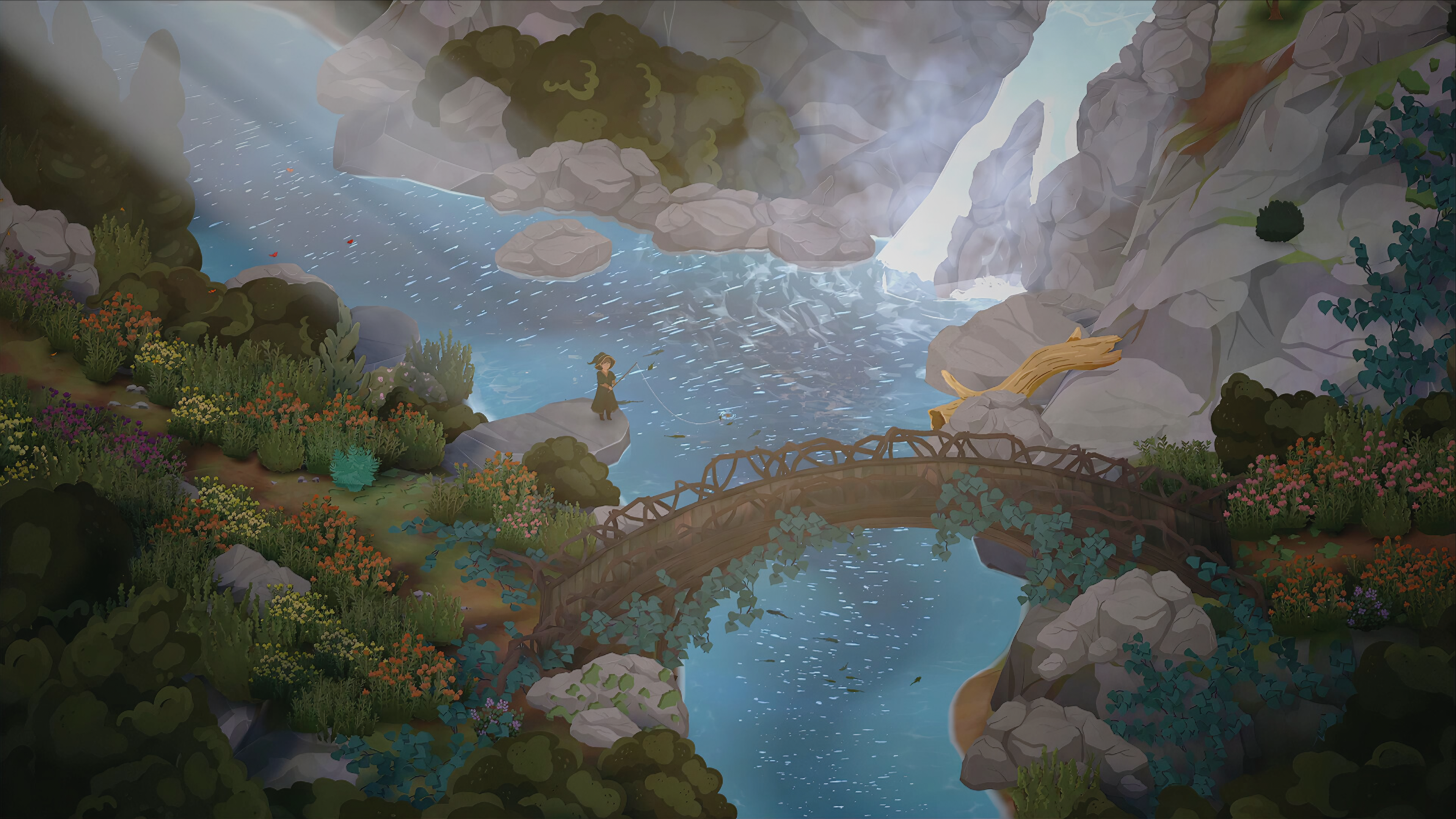 Girl fishing on a rock by a bridge and river HD Wallpaper