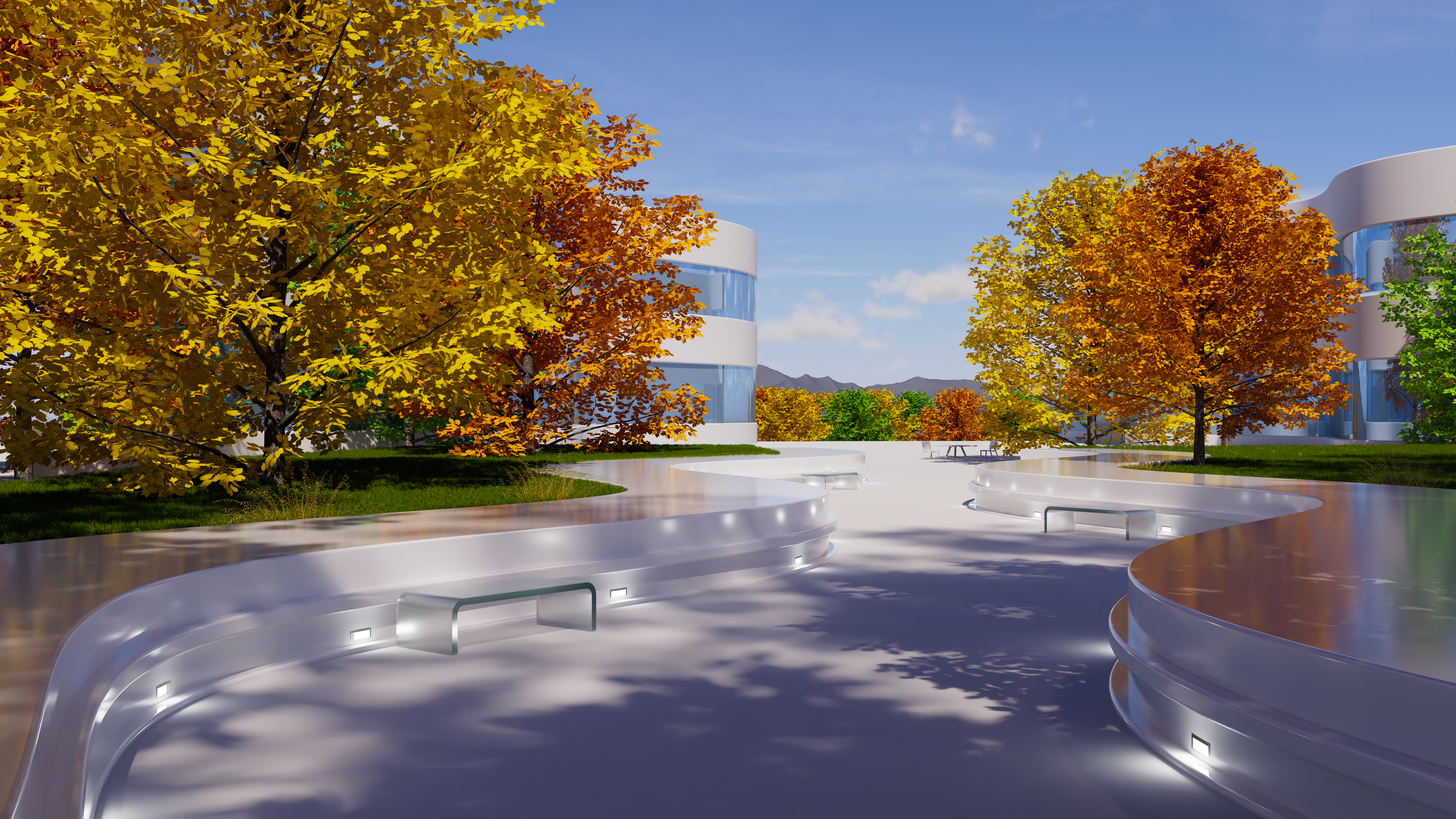Modern architecture with autumn trees and benches HD Wallpaper
