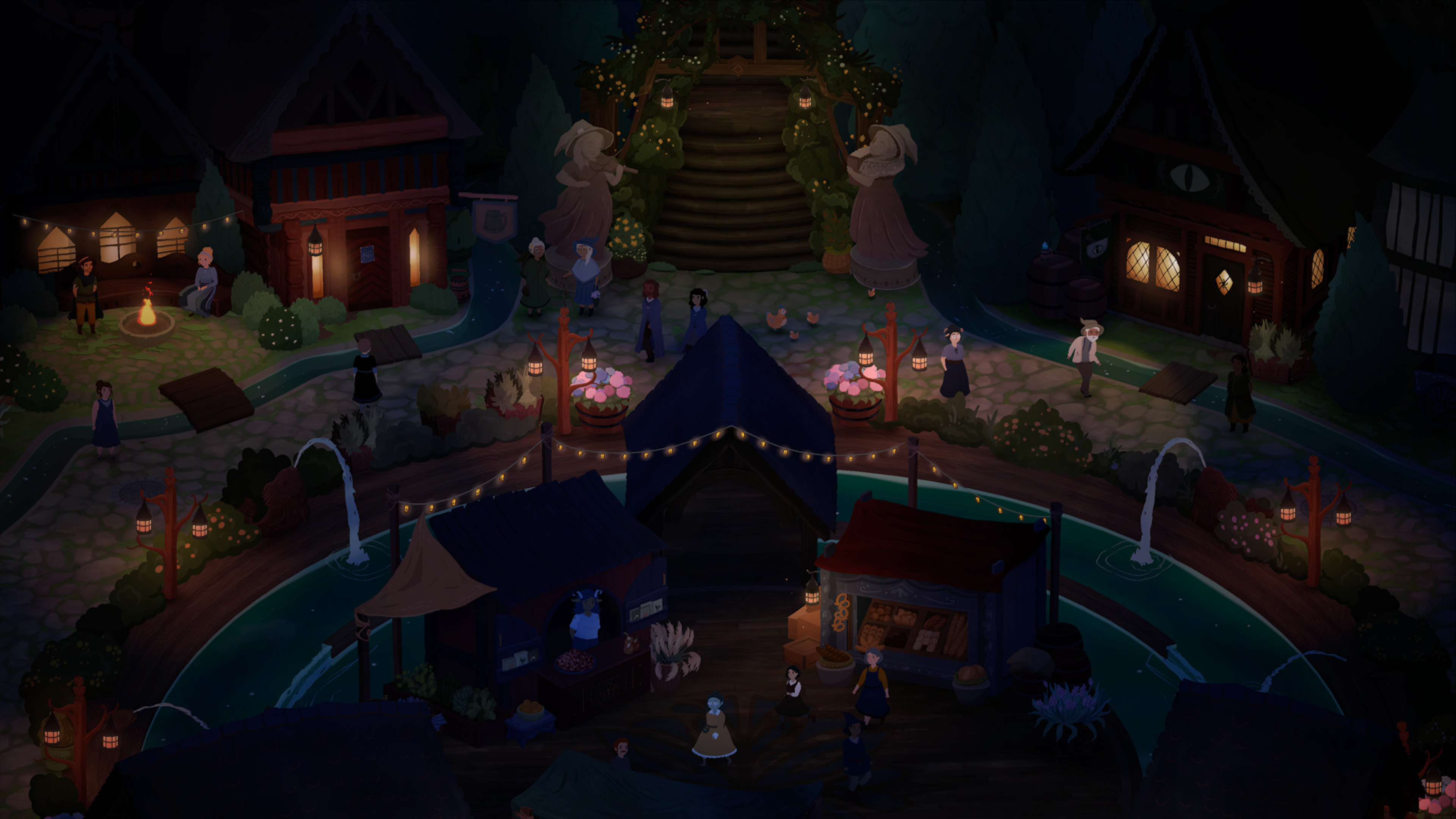 Fantasy village market at night with characters and stalls HD Wallpaper