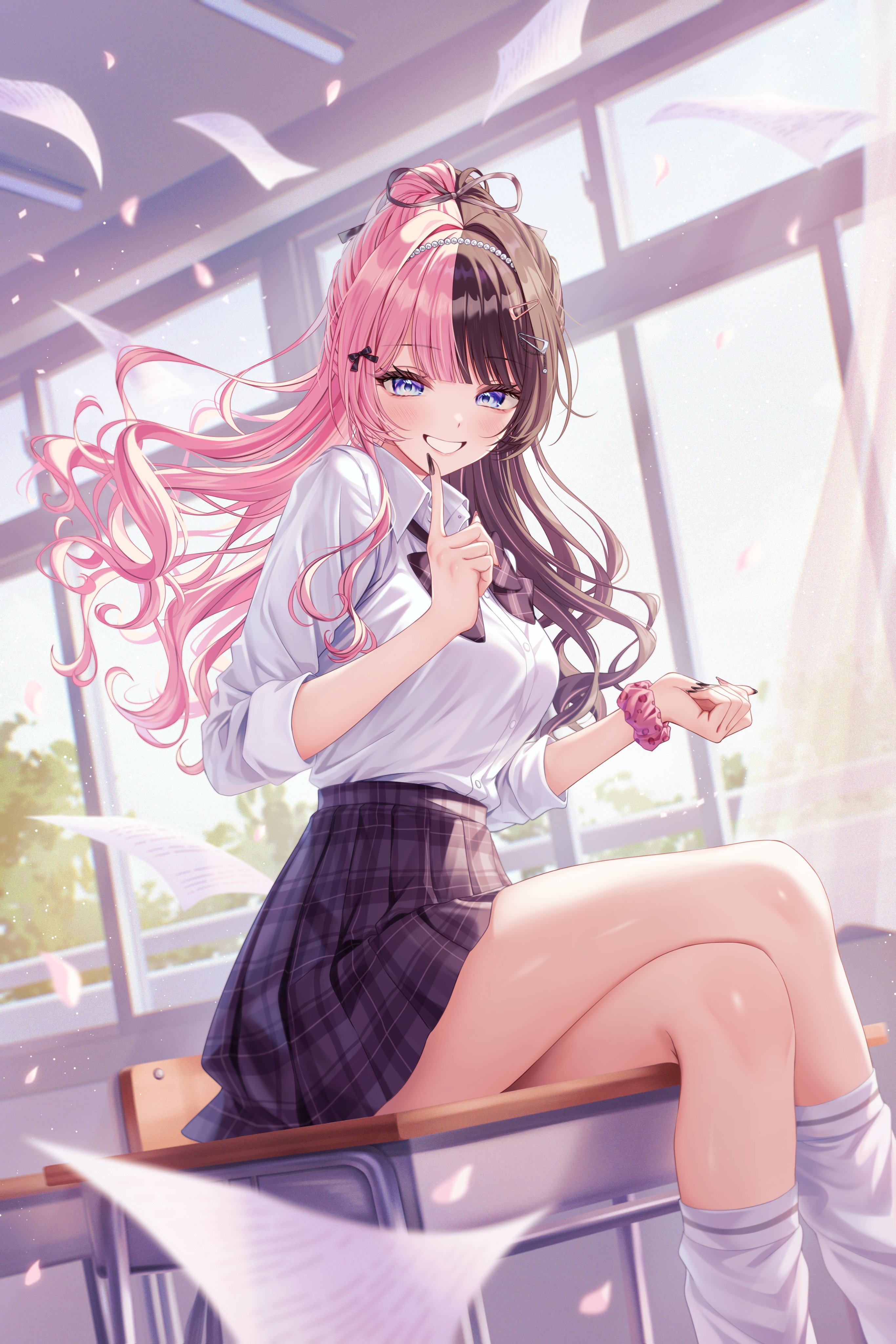 Anime girl with split pink and brown hair in classroom HD Wallpaper