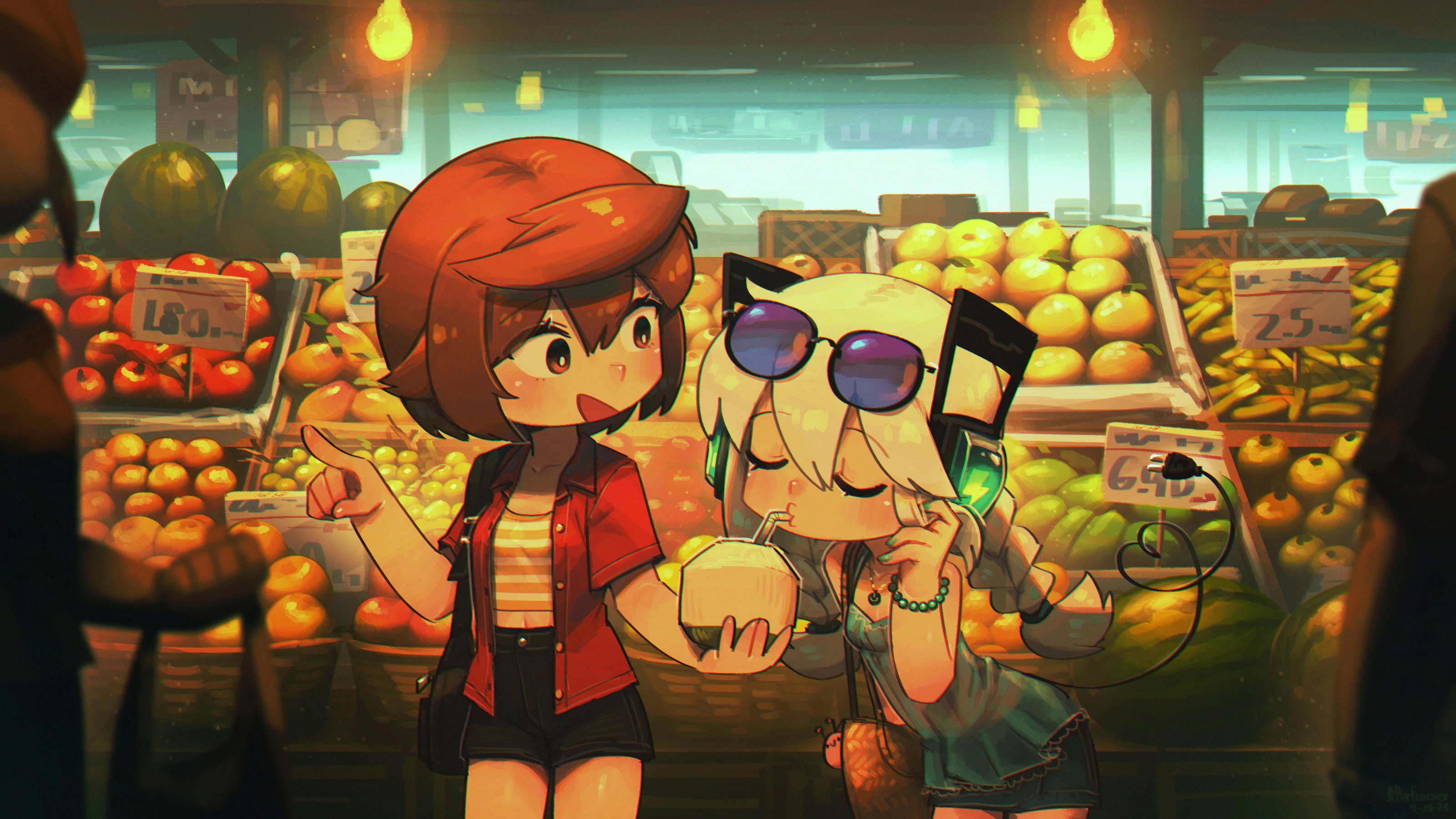 Two girls at a fruit stand, one holding a coconut HD Wallpaper