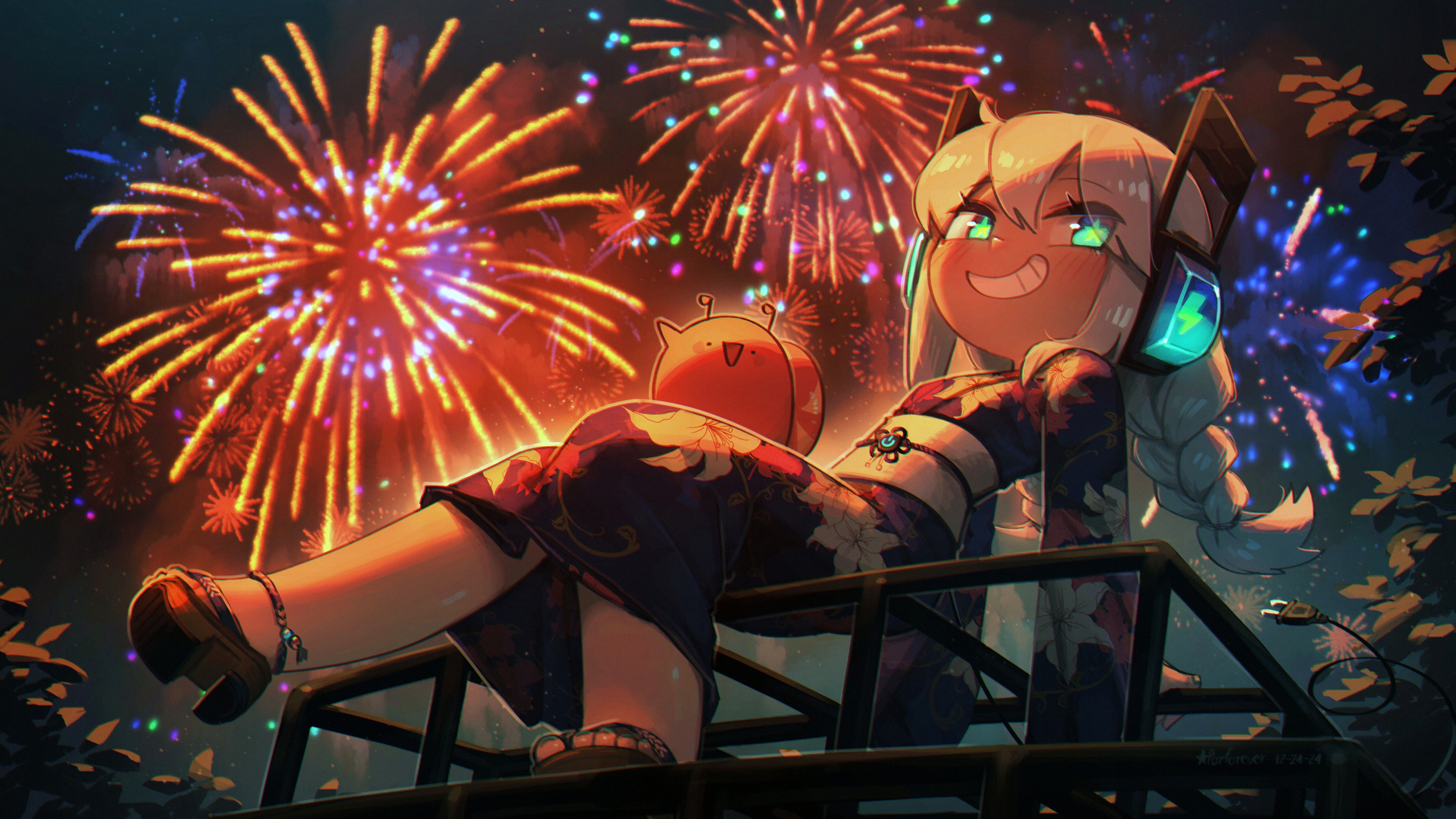 Anime girl in yukata watching fireworks with a cute creature HD Wallpaper