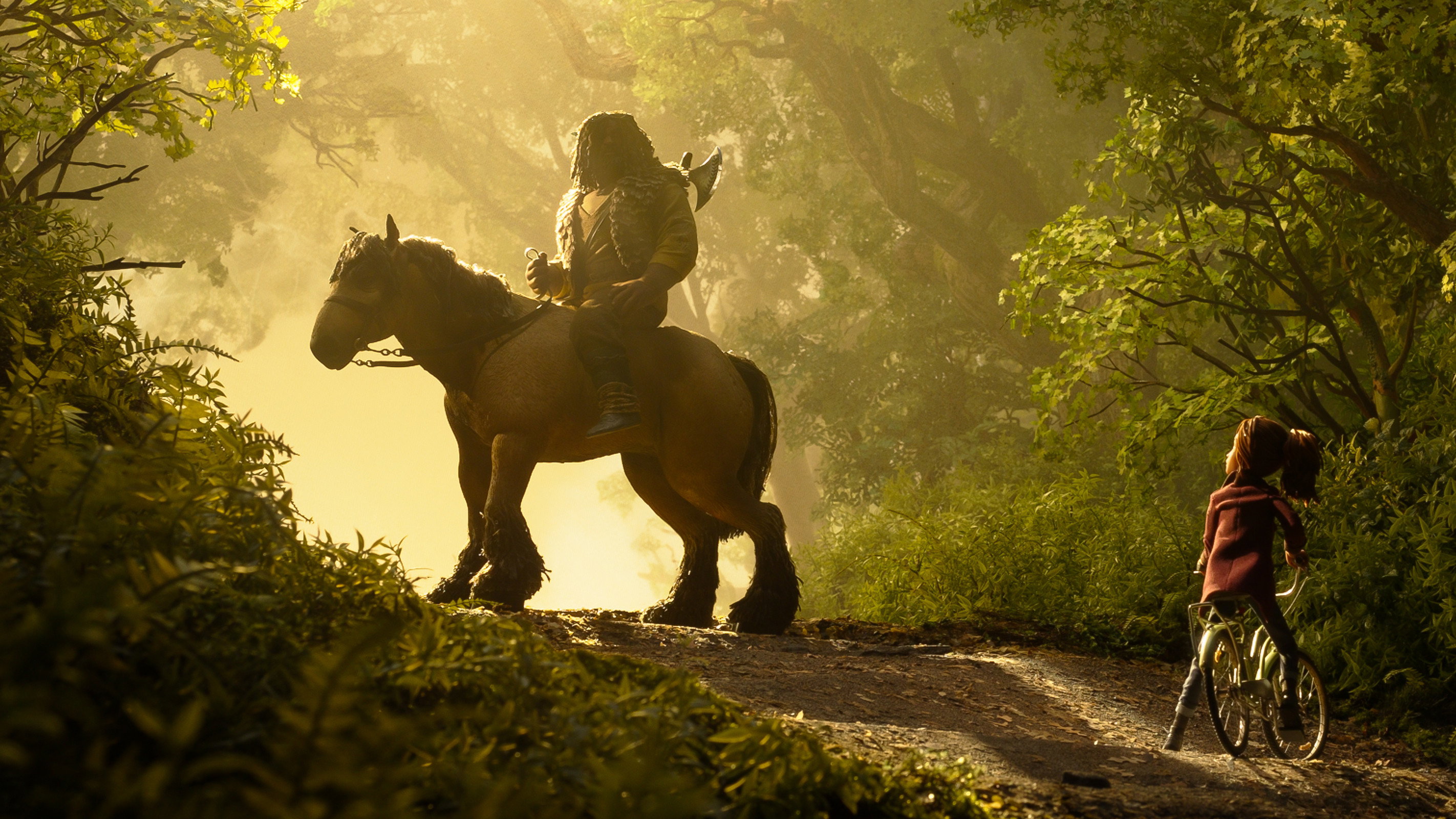 Man on horse meets girl on bicycle in forest HD Wallpaper