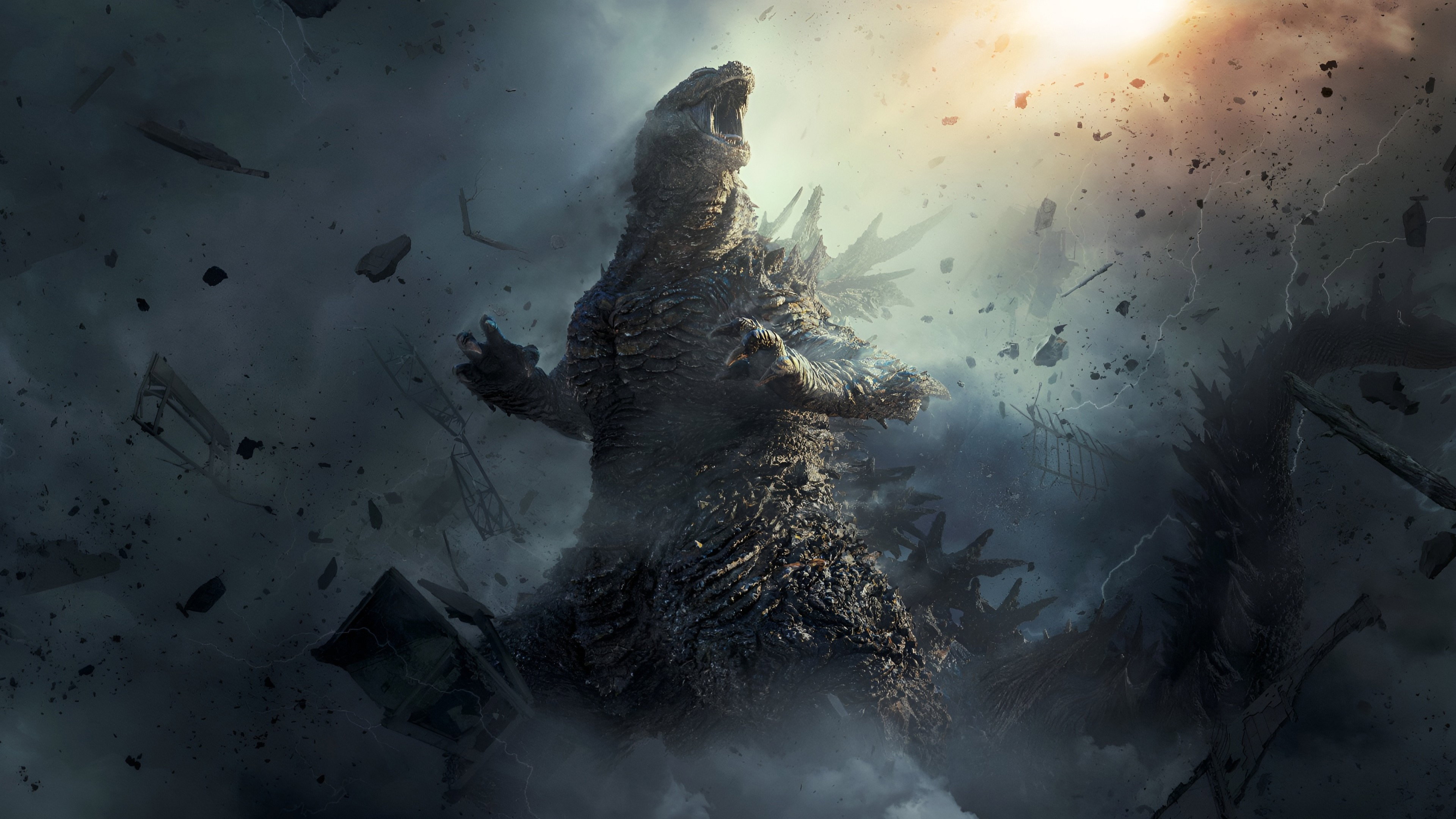Godzilla roaring amidst destruction and debris HD Wallpaper