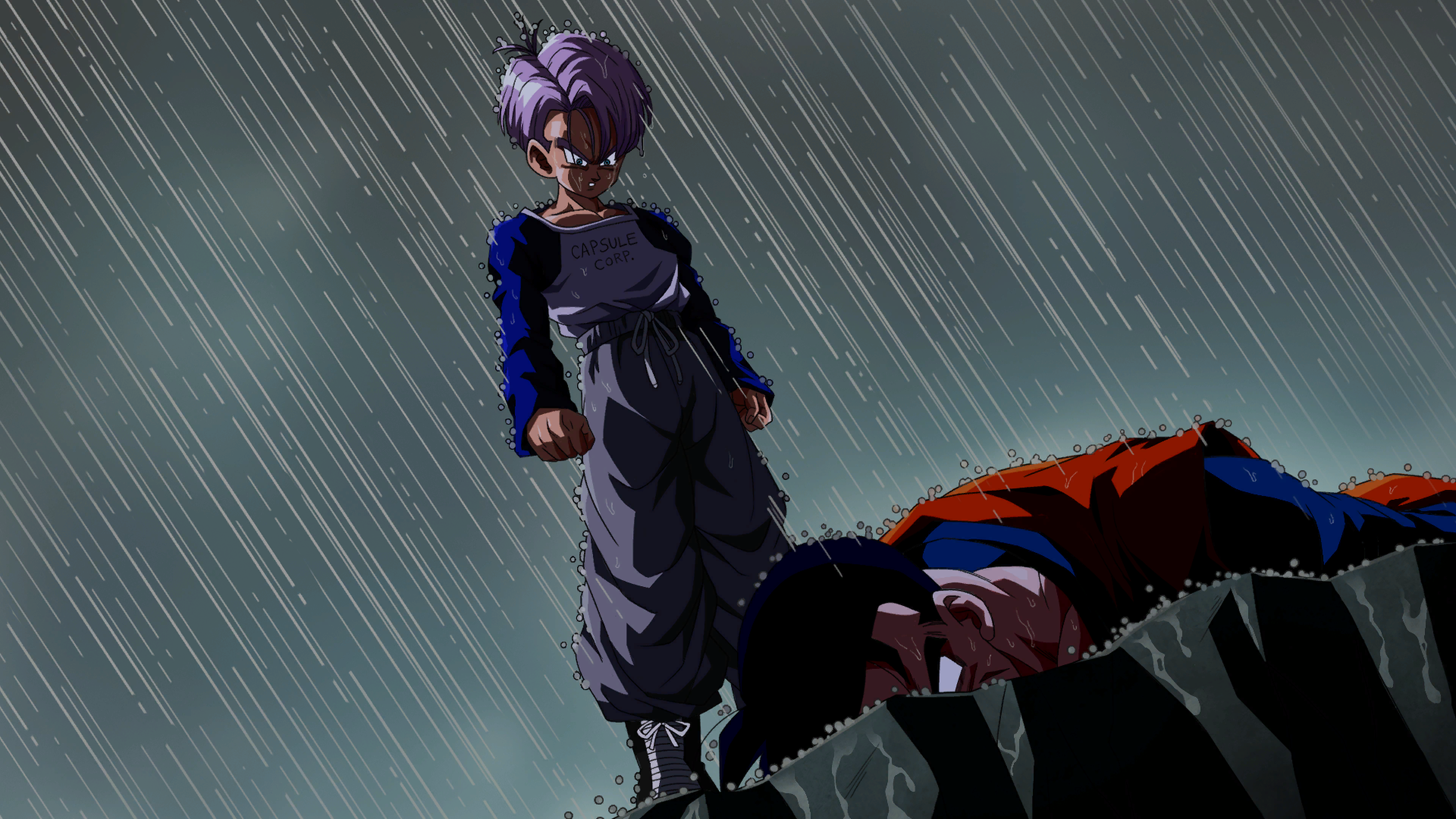 Trunks stands over fallen Goku in the rain HD Wallpaper
