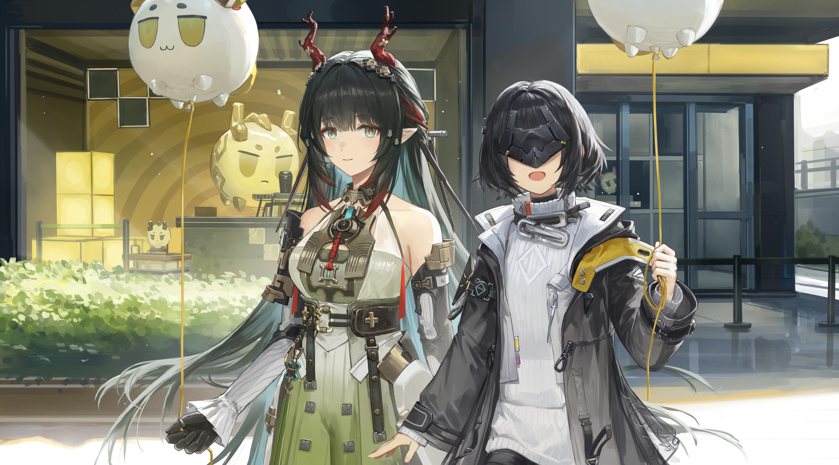 Arknights characters with balloons outside a building HD Wallpaper