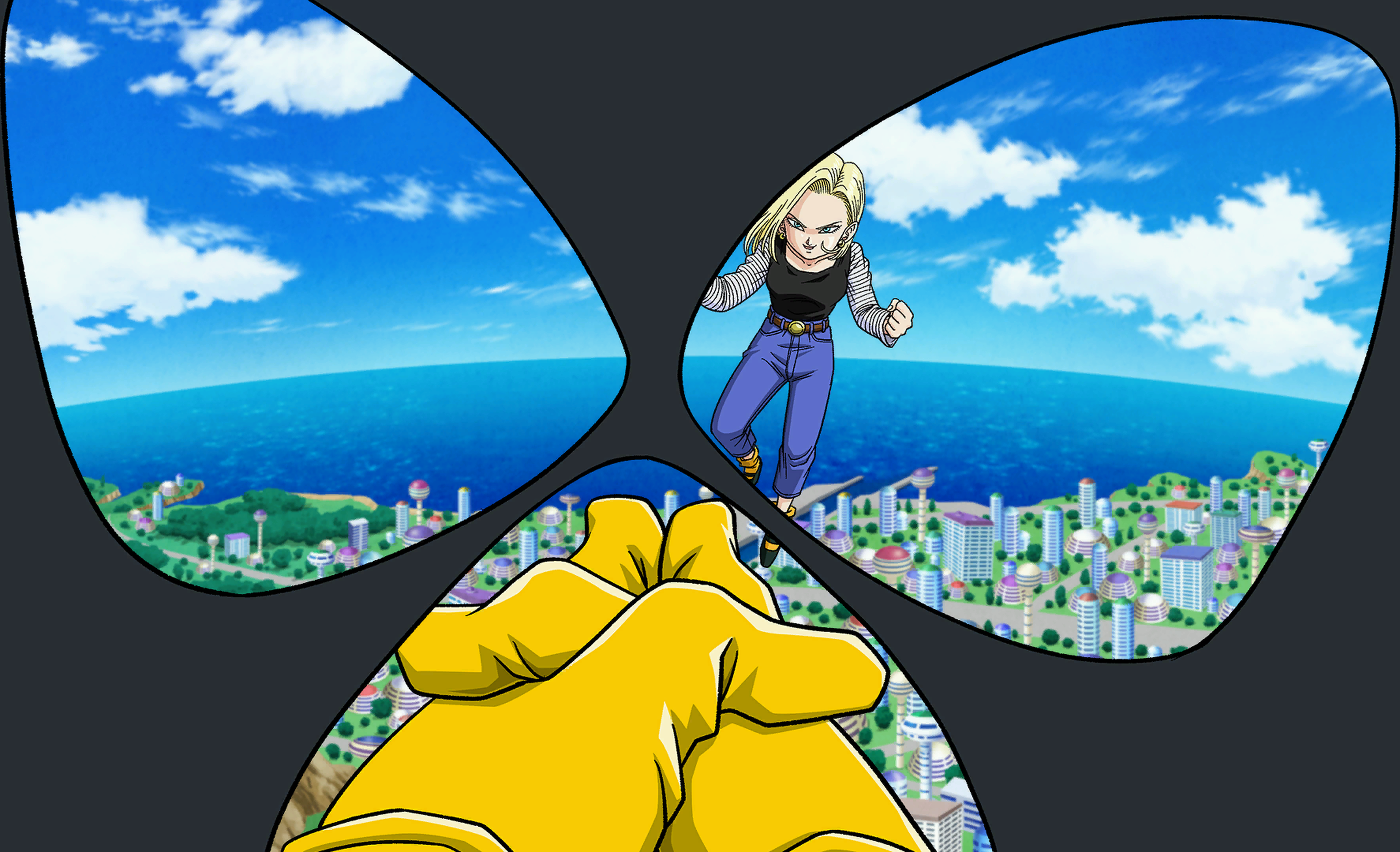Android 18 from Dragon Ball Z over a city HD Wallpaper