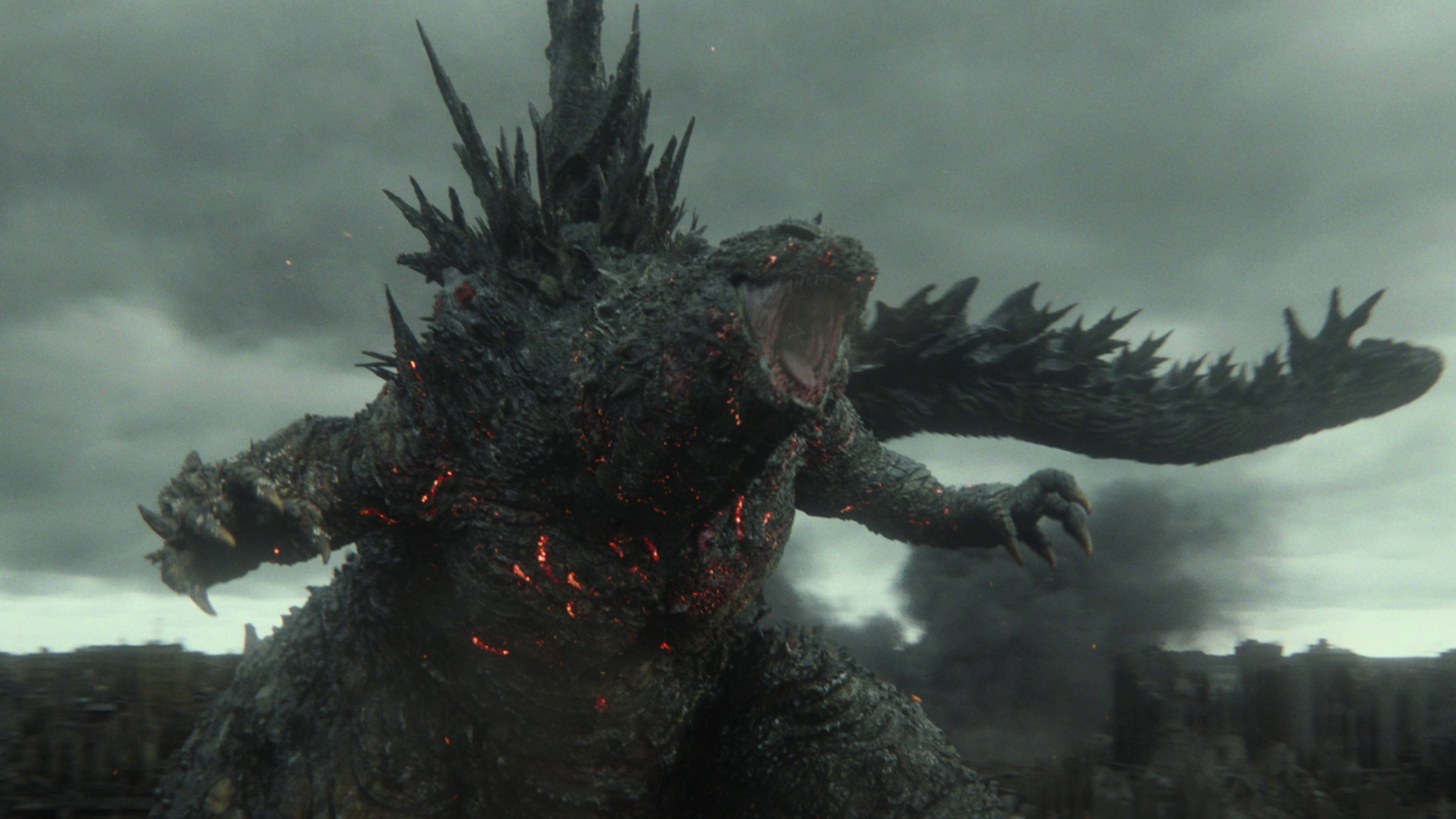 Godzilla roaring in a destroyed city HD Wallpaper