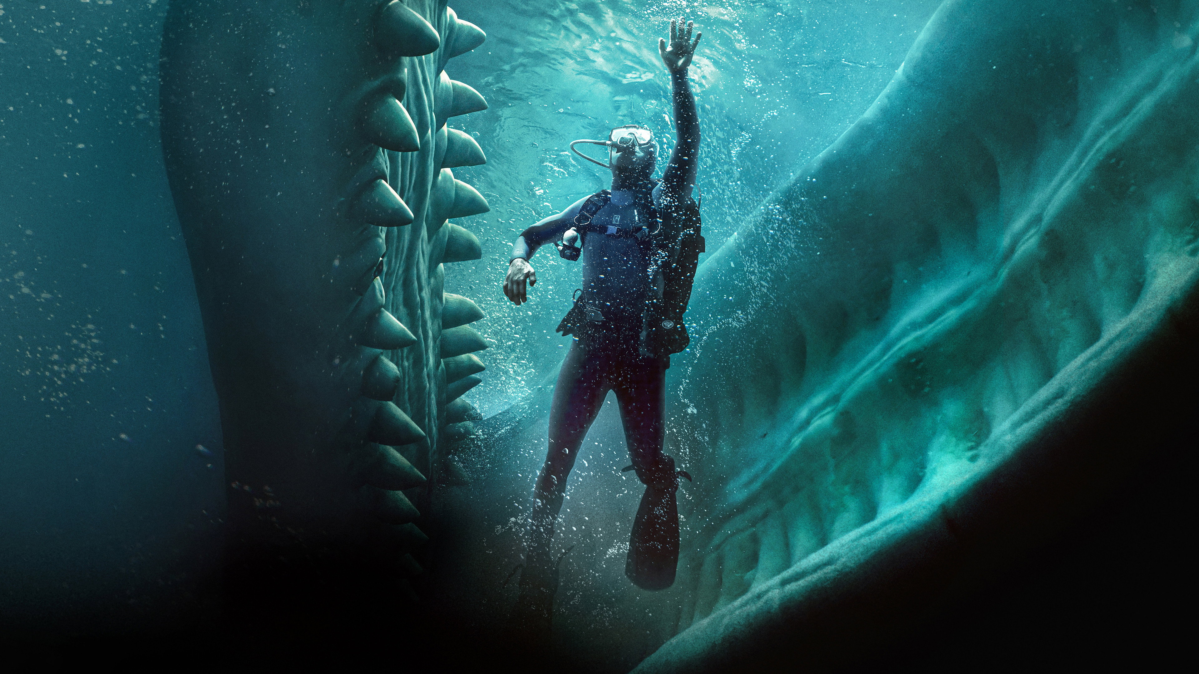 Scuba diver in jaws of Megalodon HD Wallpaper