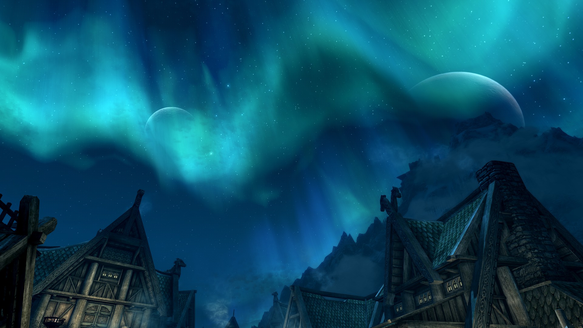 Skyrim Aurora Borealis over Nordic Village HD Wallpaper